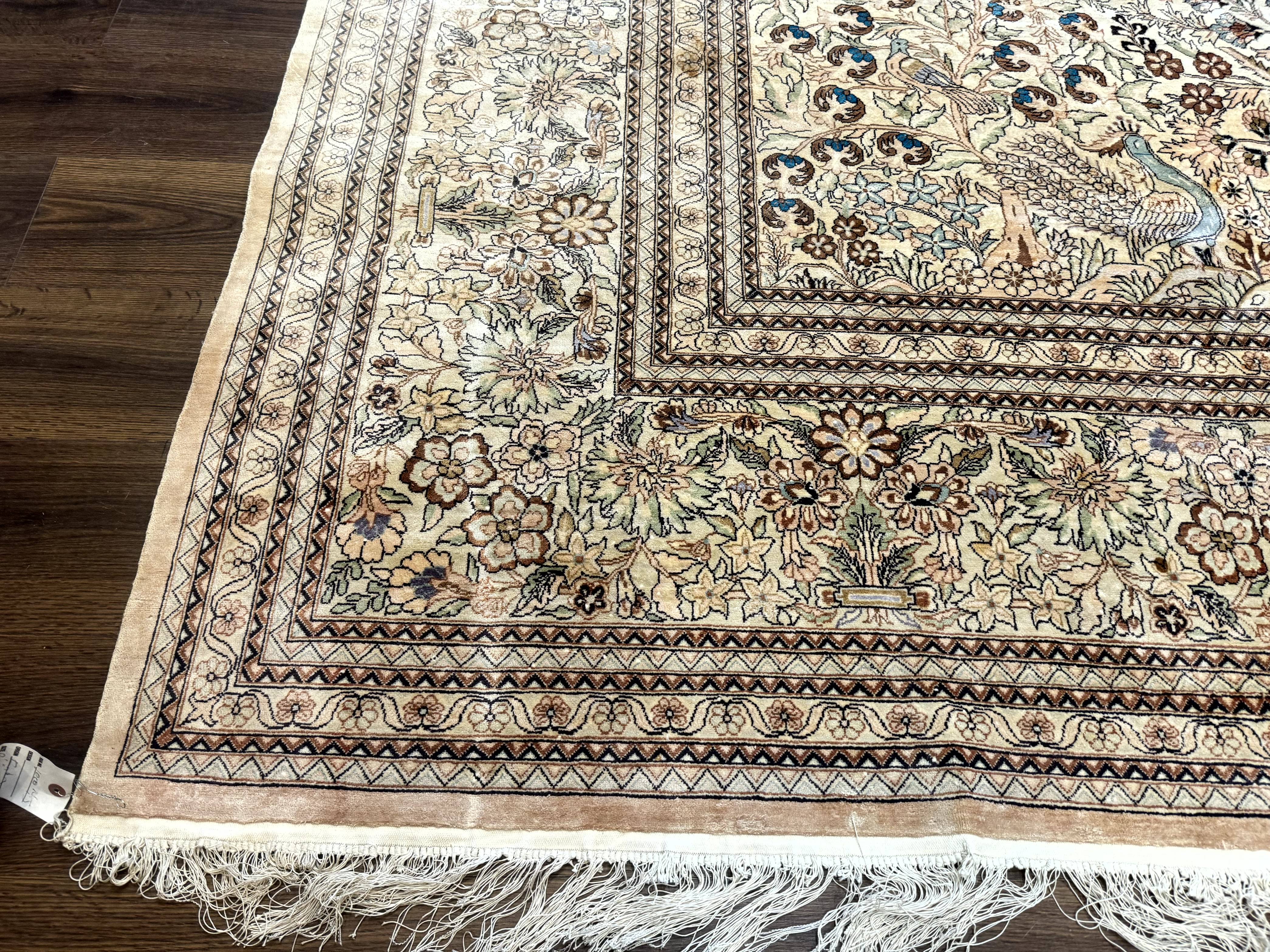 Indian Kashmiri Rug 9x14 Tree of Life Silk on Silk Animal Pictorials - Jewel Rugs