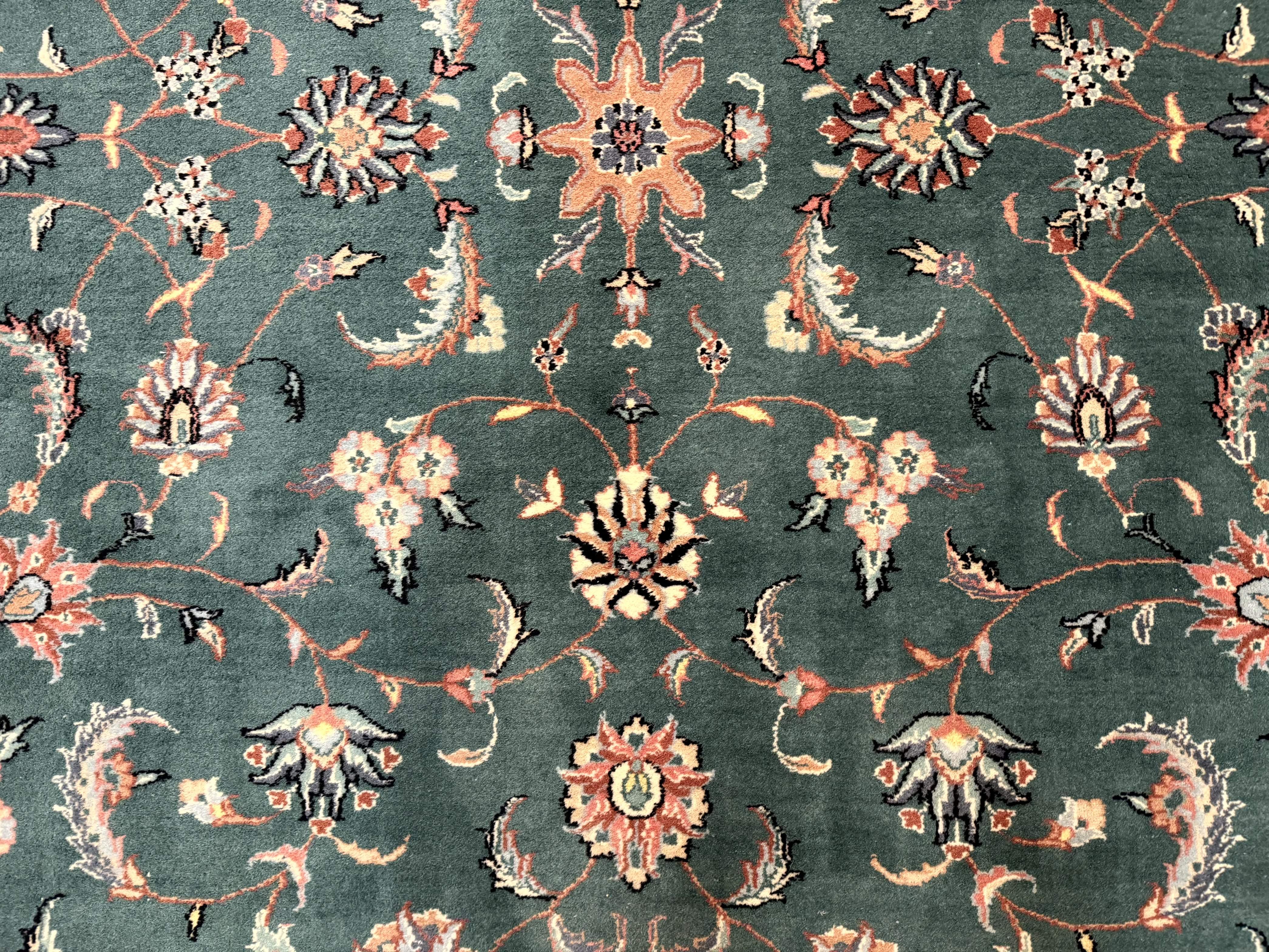 Indo Persian Rug 8x10, Green and Beige Oriental Carpet, Traditional Wool Area Rug, Floral Allover Pattern - Jewel Rugs