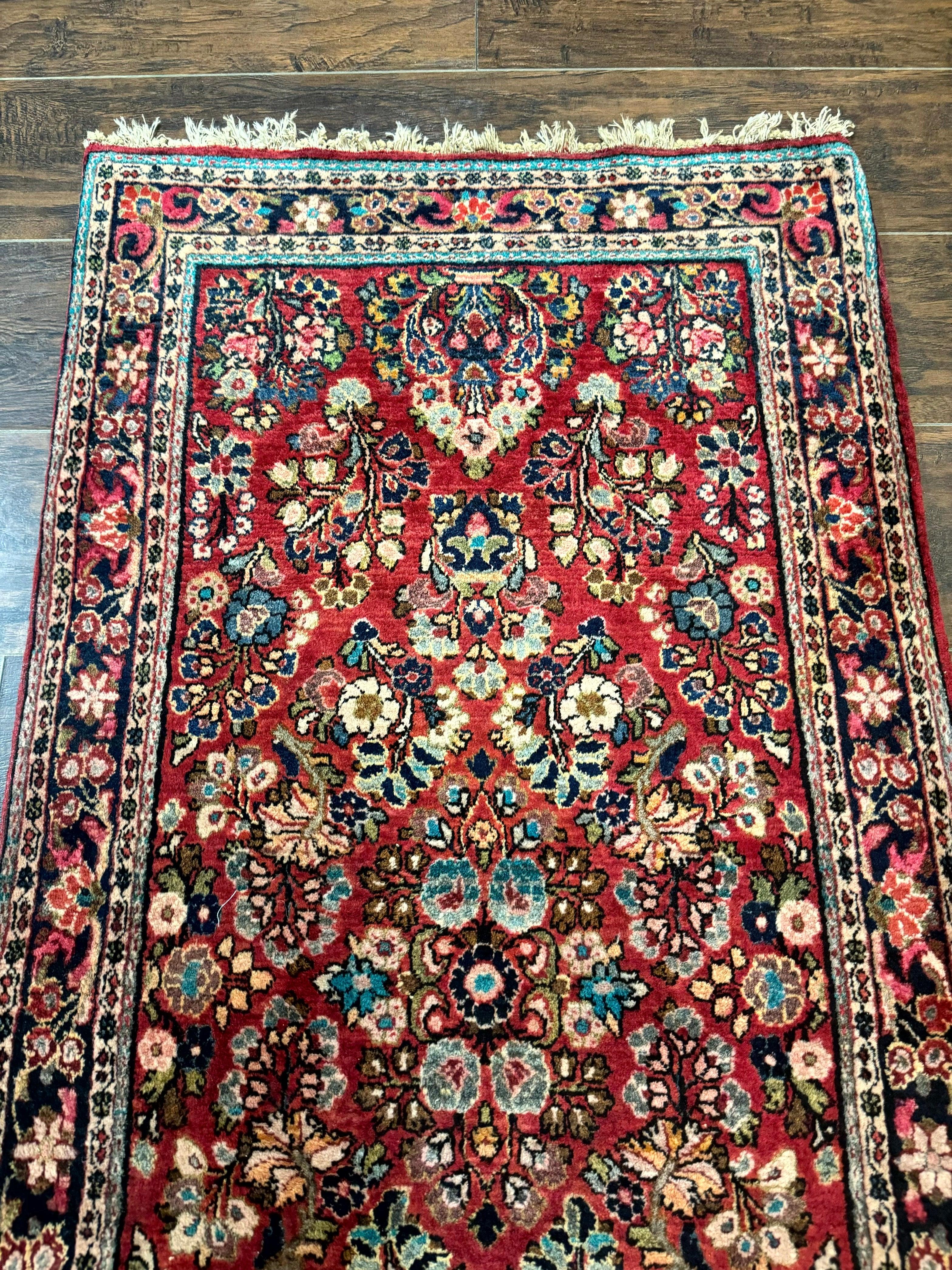 Antique Persian Sarouk Rug 2x5, Floral, Red, Antique Wool Rug - Jewel Rugs