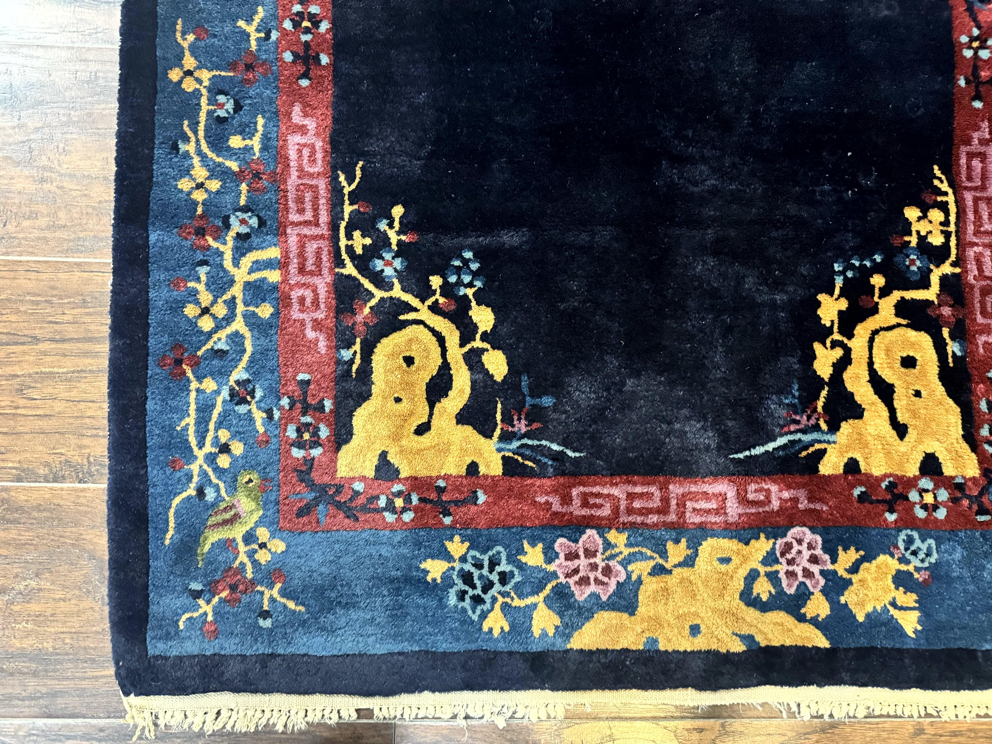 Antique Chinese Peking Rug 3x6, Dark Blue, Bird Motif, Handmade Wool Art Deco Asian Oriental Carpet, Pair B - Jewel Rugs