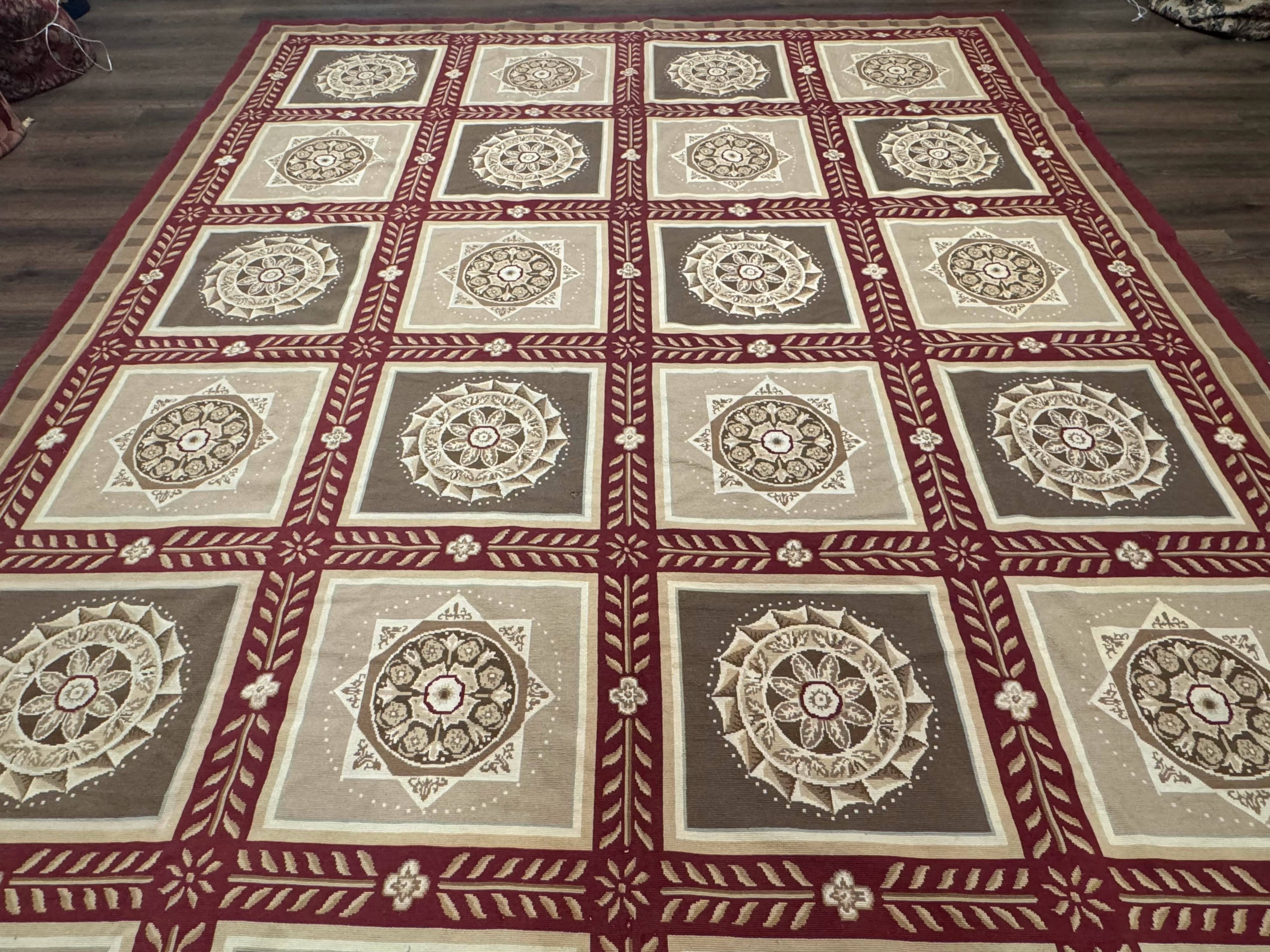 Needlepoint Rug 9x12, Panel Design, Burgundy Taupe, Elegant - Jewel Rugs