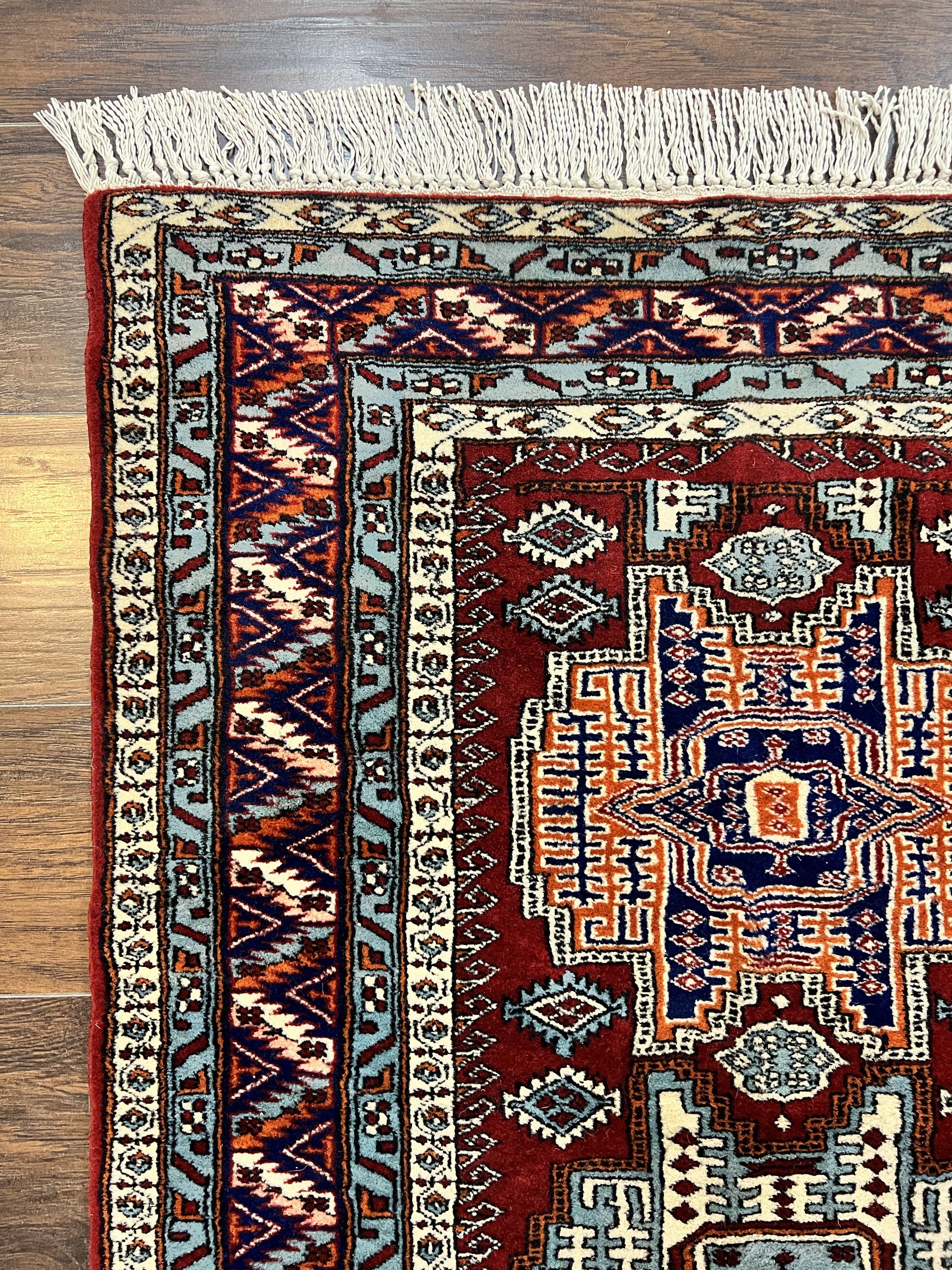 Pakistani Rug 3x5 ft, Caucasian Kazak Design, Geometric Rug, Small Vintage Oriental Carpet, Dark Red Vintage Handmade Wool Rug 3 x 5 - Jewel Rugs