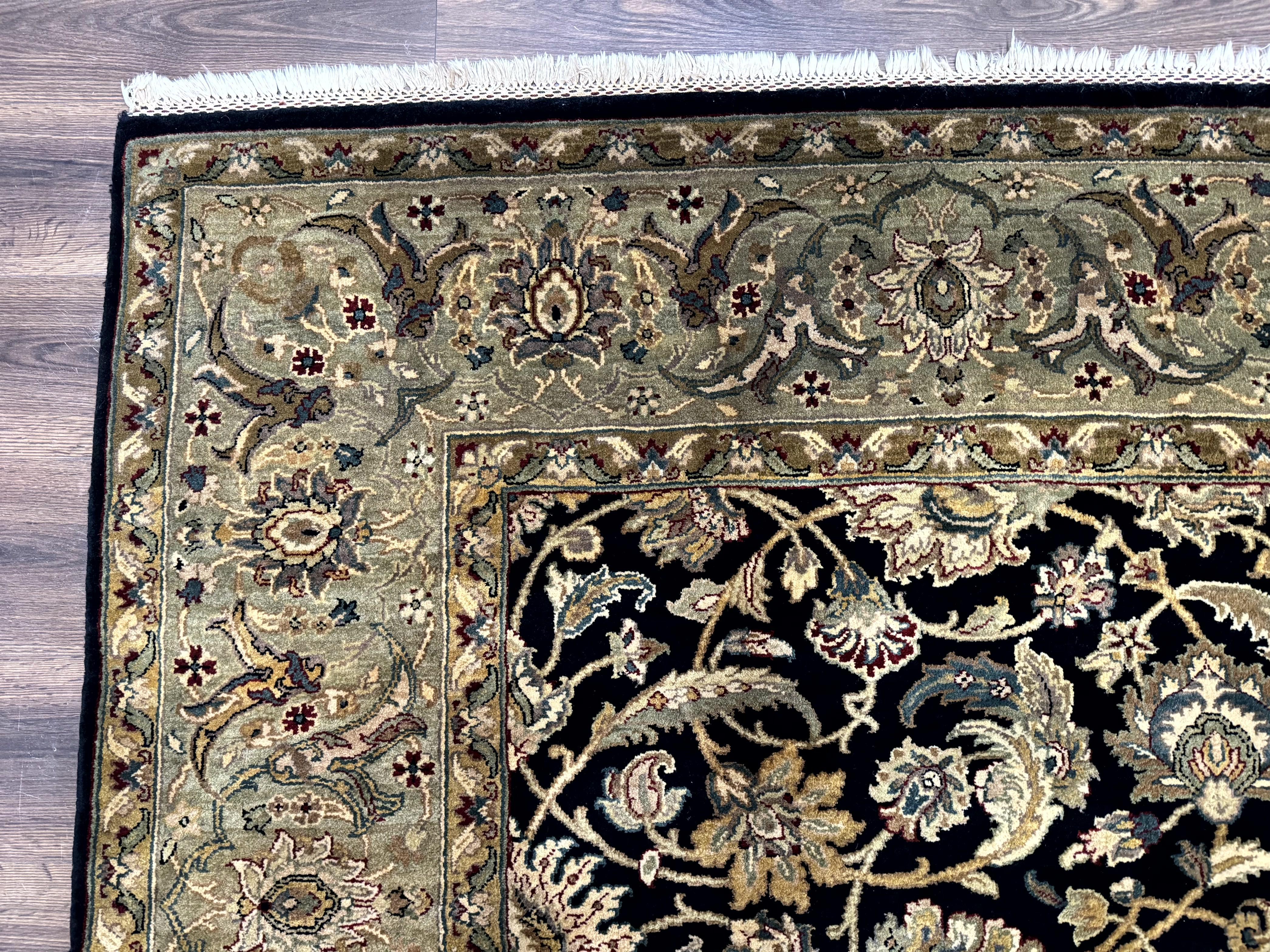 Indo Persian Rug 8x10, Black and Green, Wool, Handmade, Traditional, Floral Allover, Vintage - Jewel Rugs