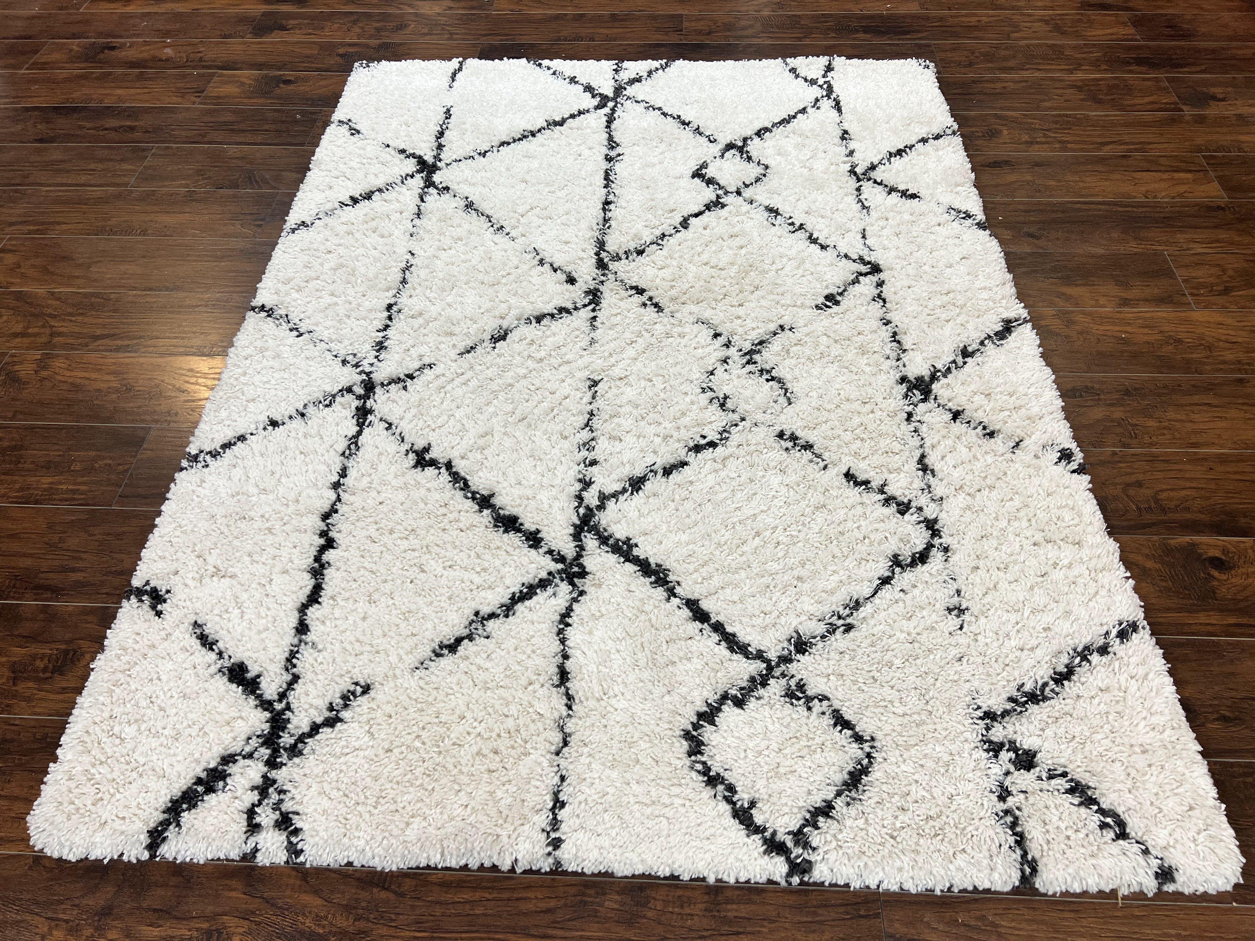 Modern Shag Rug 5x7, Ivory and Black Area Rug 5 x 7 ft - Jewel Rugs