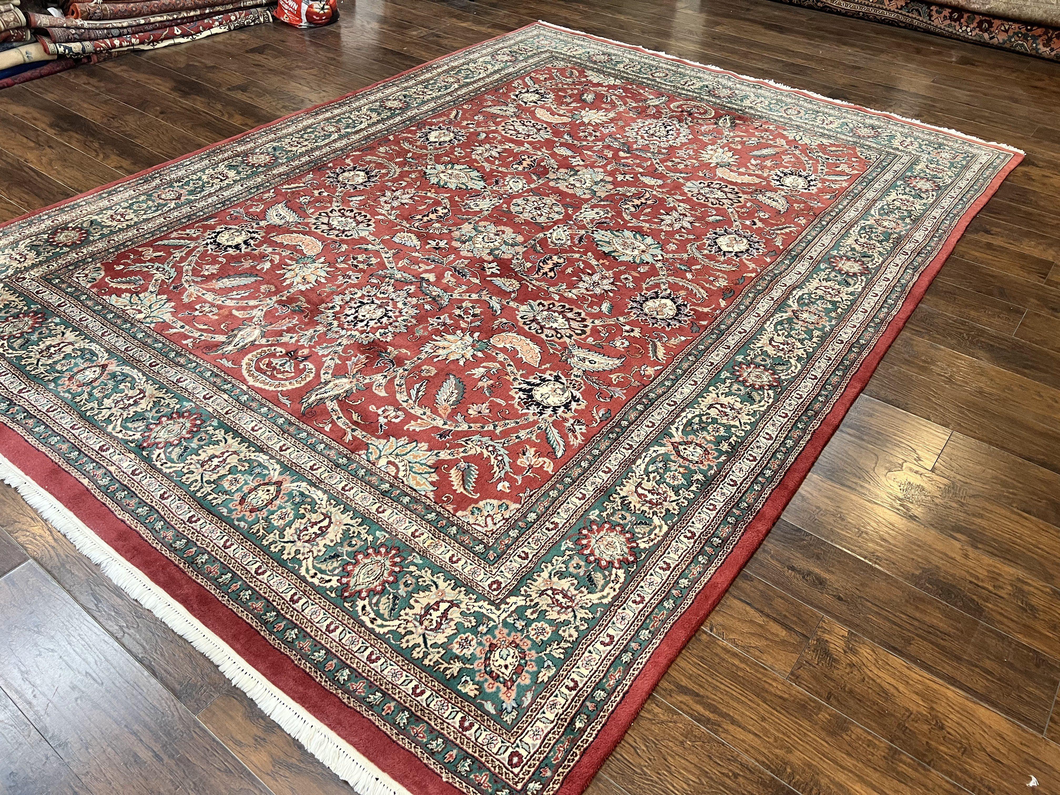 Indo Persian Rug 9x12, Wool Hand Knotted Vintage Carpet, Red & Green, Floral Allover 9 x 12 Room Sized Oriental Rug - Jewel Rugs