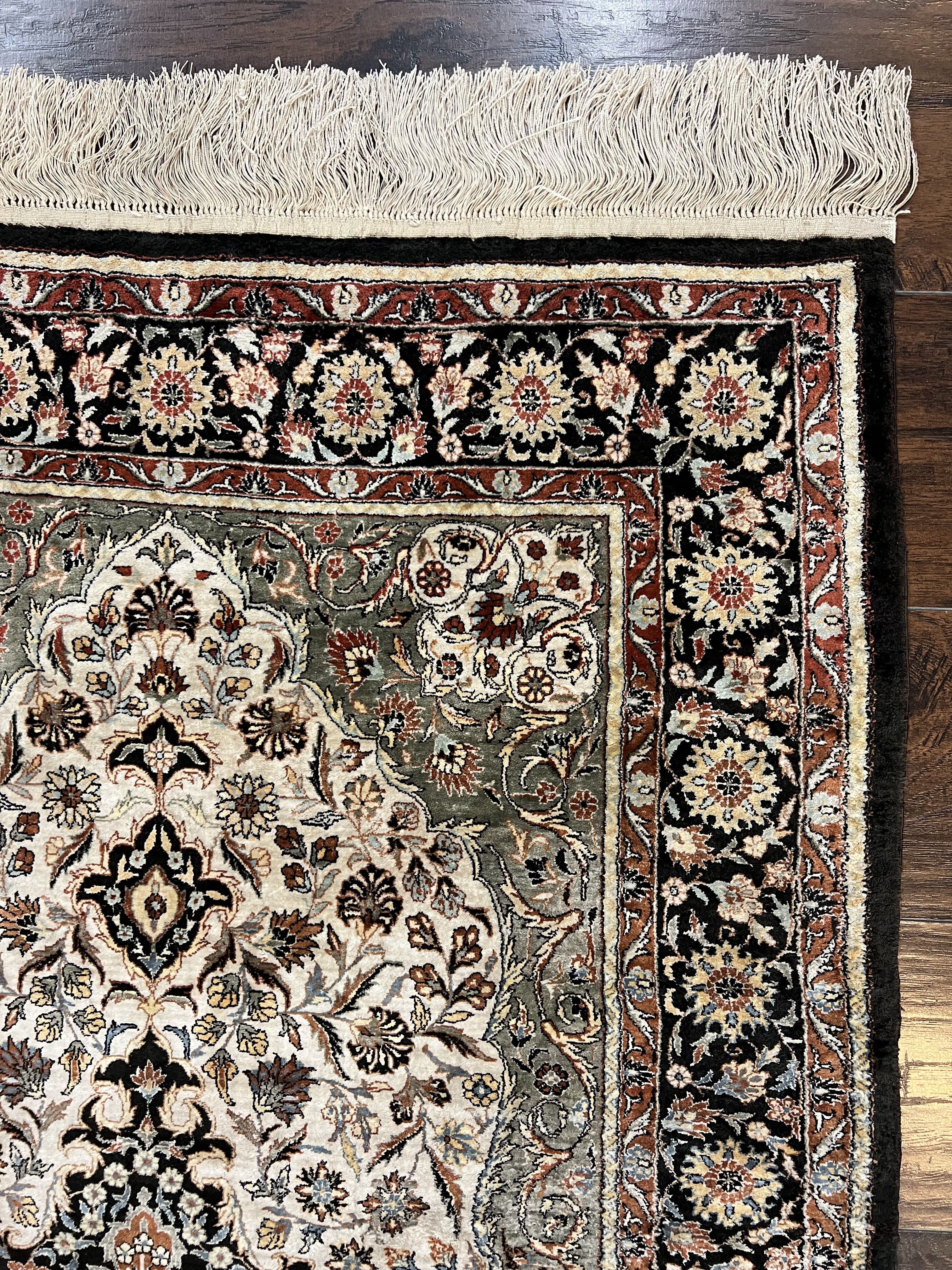 Silk Sino Persian Rug 3x5, Floral Medallion, Hand Knotted Silk Pile Silk Foundation, Traditional Silk Handmade Oriental Carpet, Cream Black - Jewel Rugs