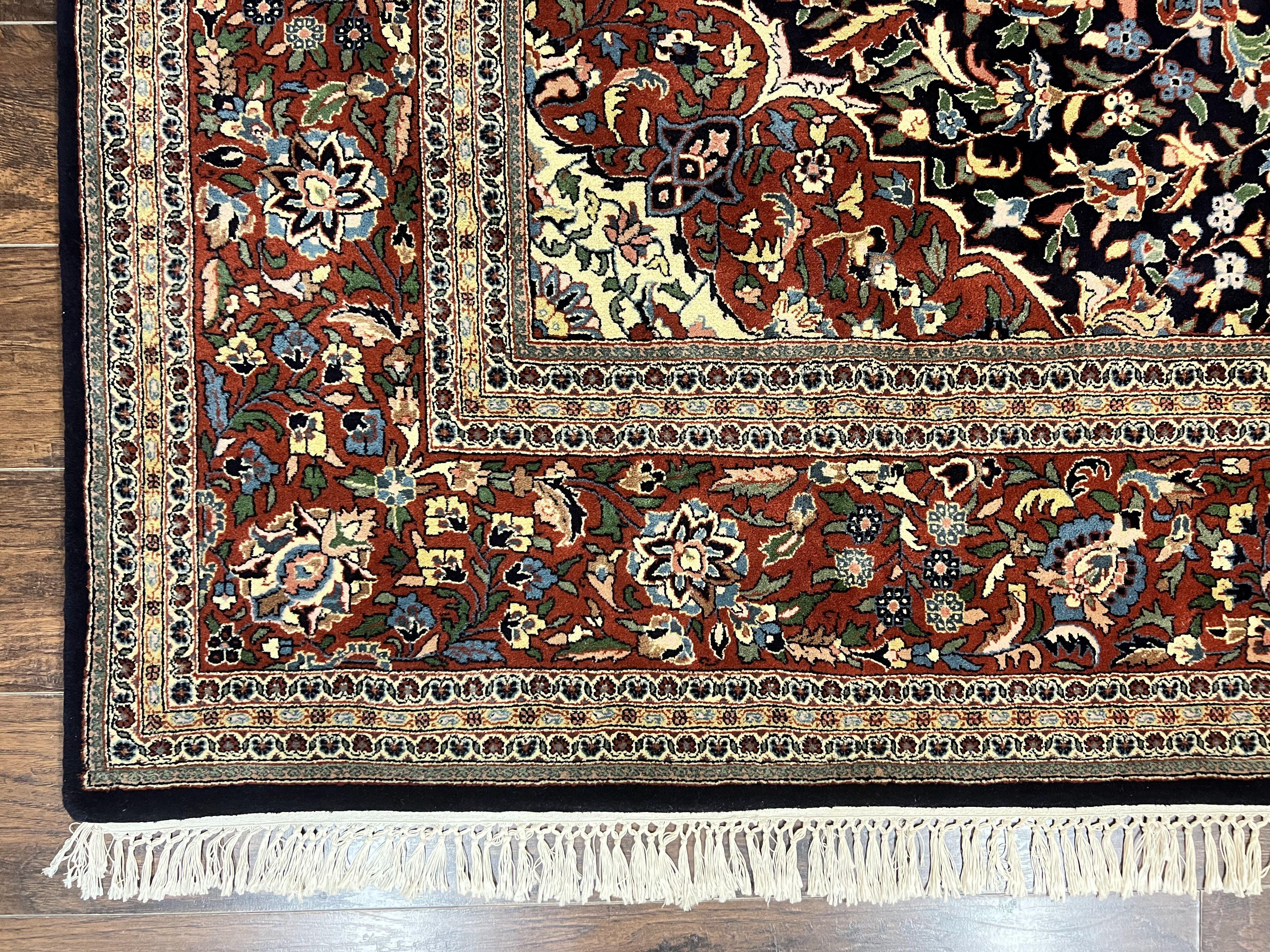 Indo Persian Rug 8x10, Floral Medallion, Vintage Handmade Wool Carpet, Navy Blue and Red, Fine 300 KPSI - Jewel Rugs