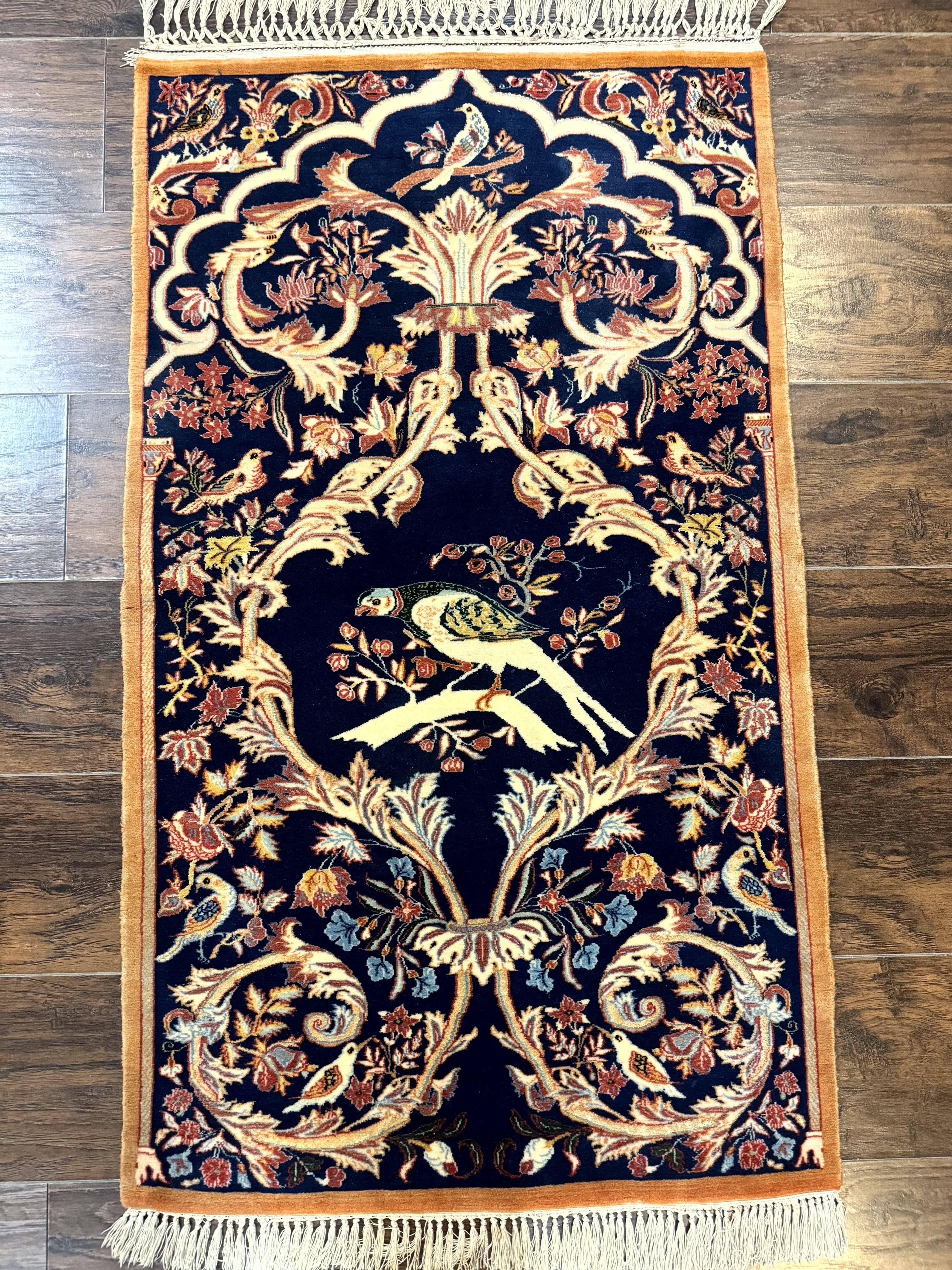 Persian Isfahan Rug 2x4, Birds, Navy Blue, Kork Wool on Silk Foundation, 460 KPSI - Jewel Rugs