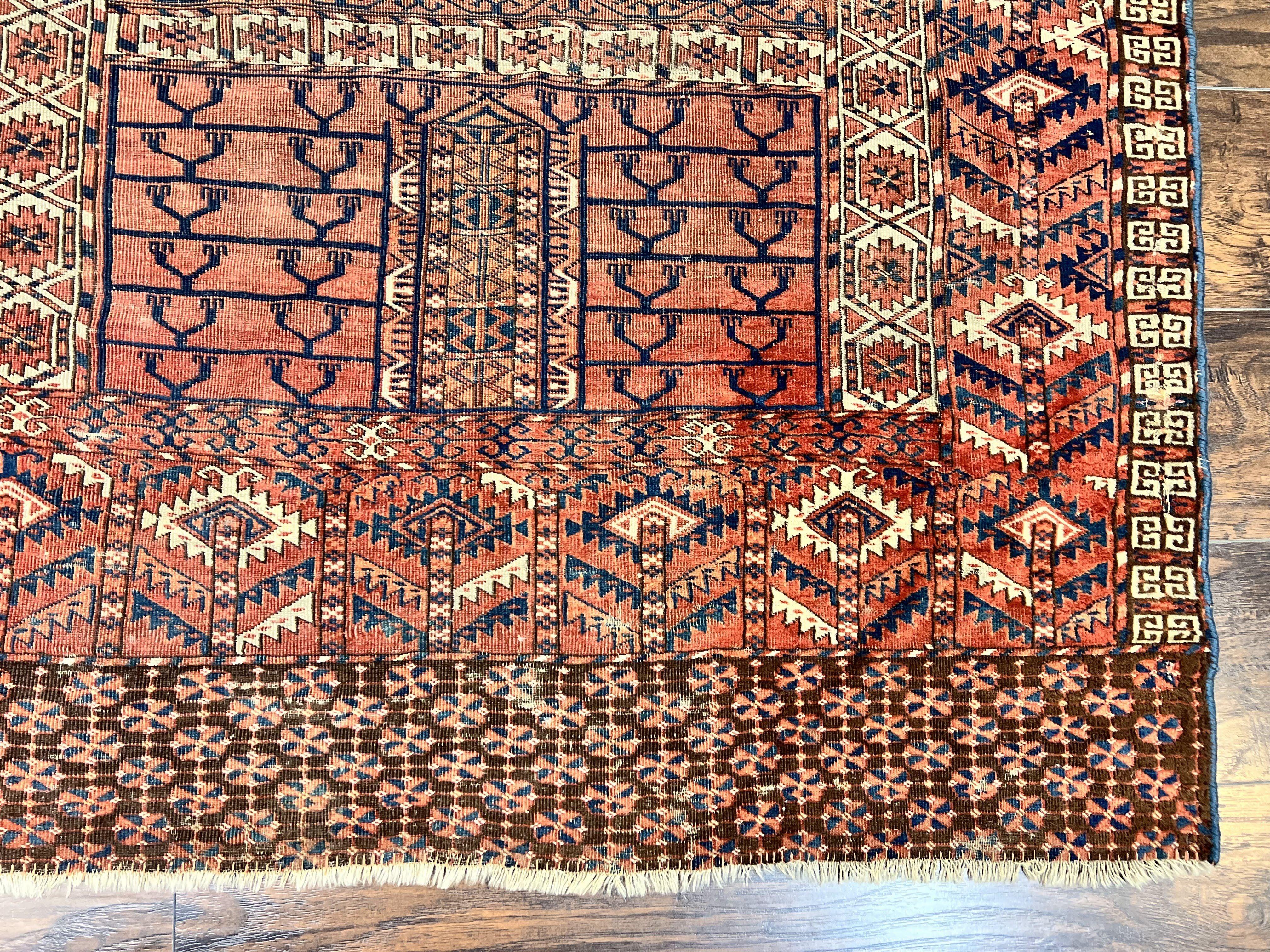 Antique Turkoman Rug 4x4, Hatchli Square Carpet, Wool Handmade Four Season Yamud Design Rug, Red Bohemian Tribal Rug, Engsi Tekkeh Rug - Jewel Rugs