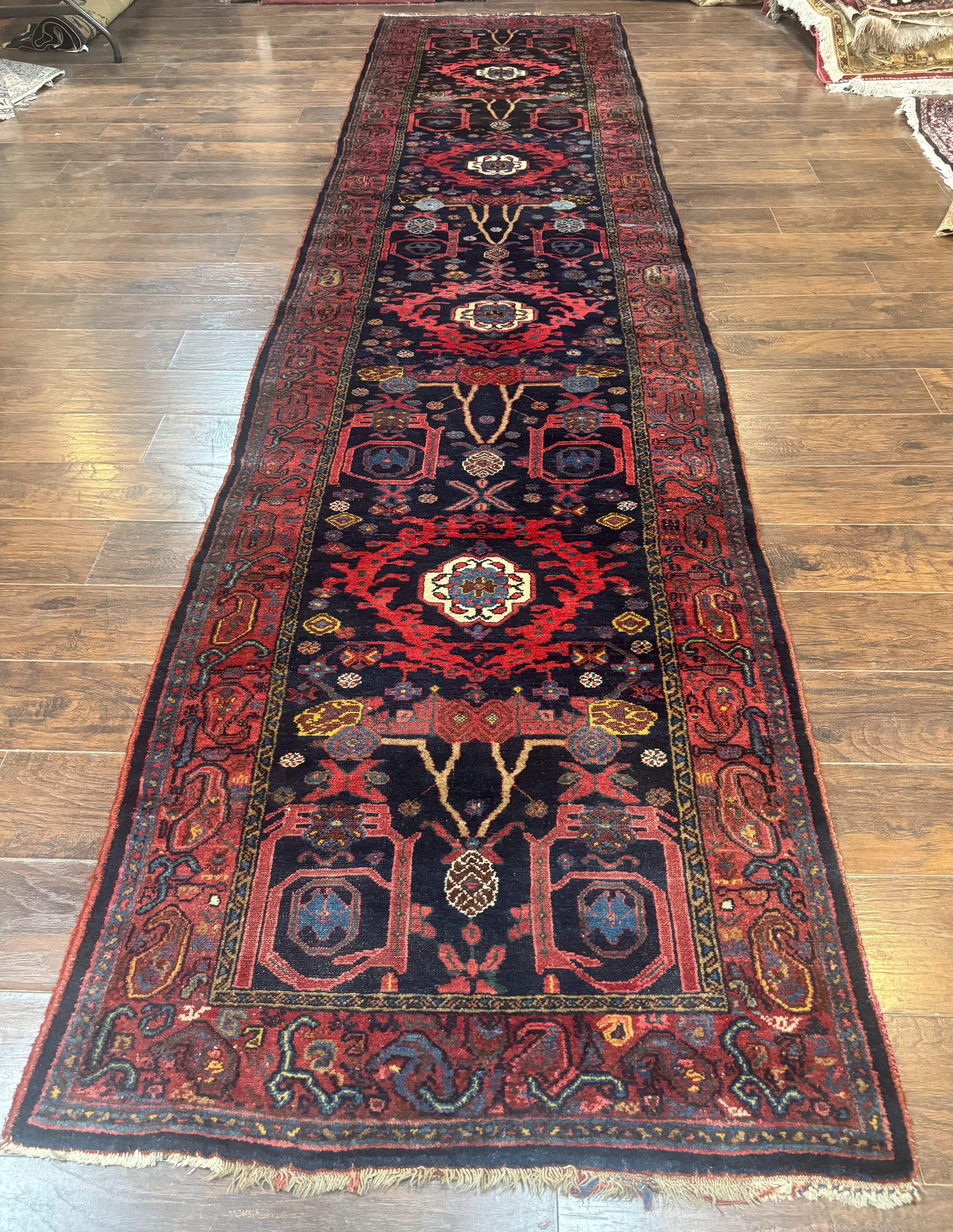 Rare Persian Malayer Runner Rug 4x16 – Navy and Red, Hand-Knotted Wool Antique Carpet, Paisley Border - Jewel Rugs