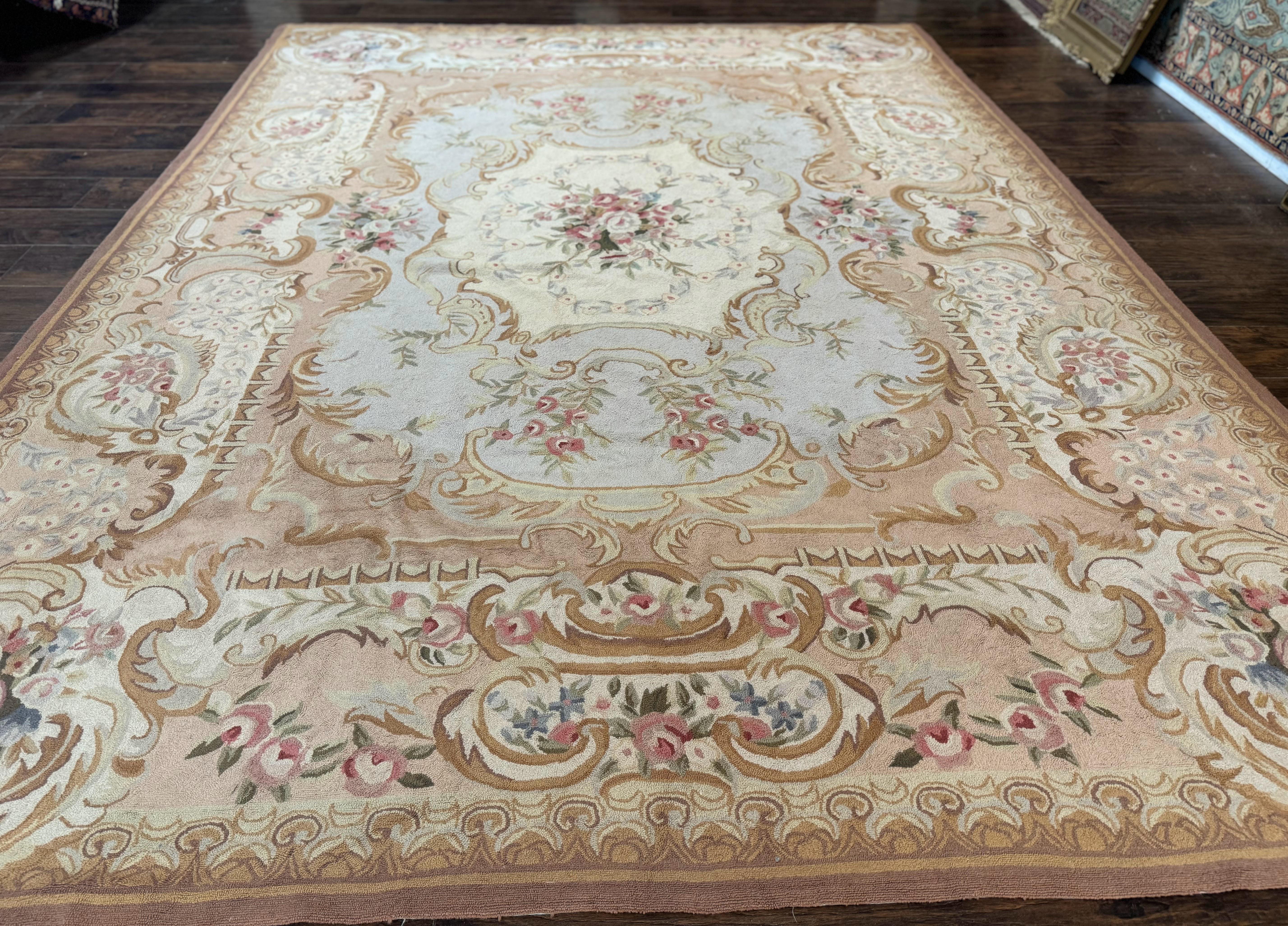 Hooked Aubusson Rug 8x11, Light Blue Ivory Beige Pink, Elegant European Design, Vintage - Jewel Rugs