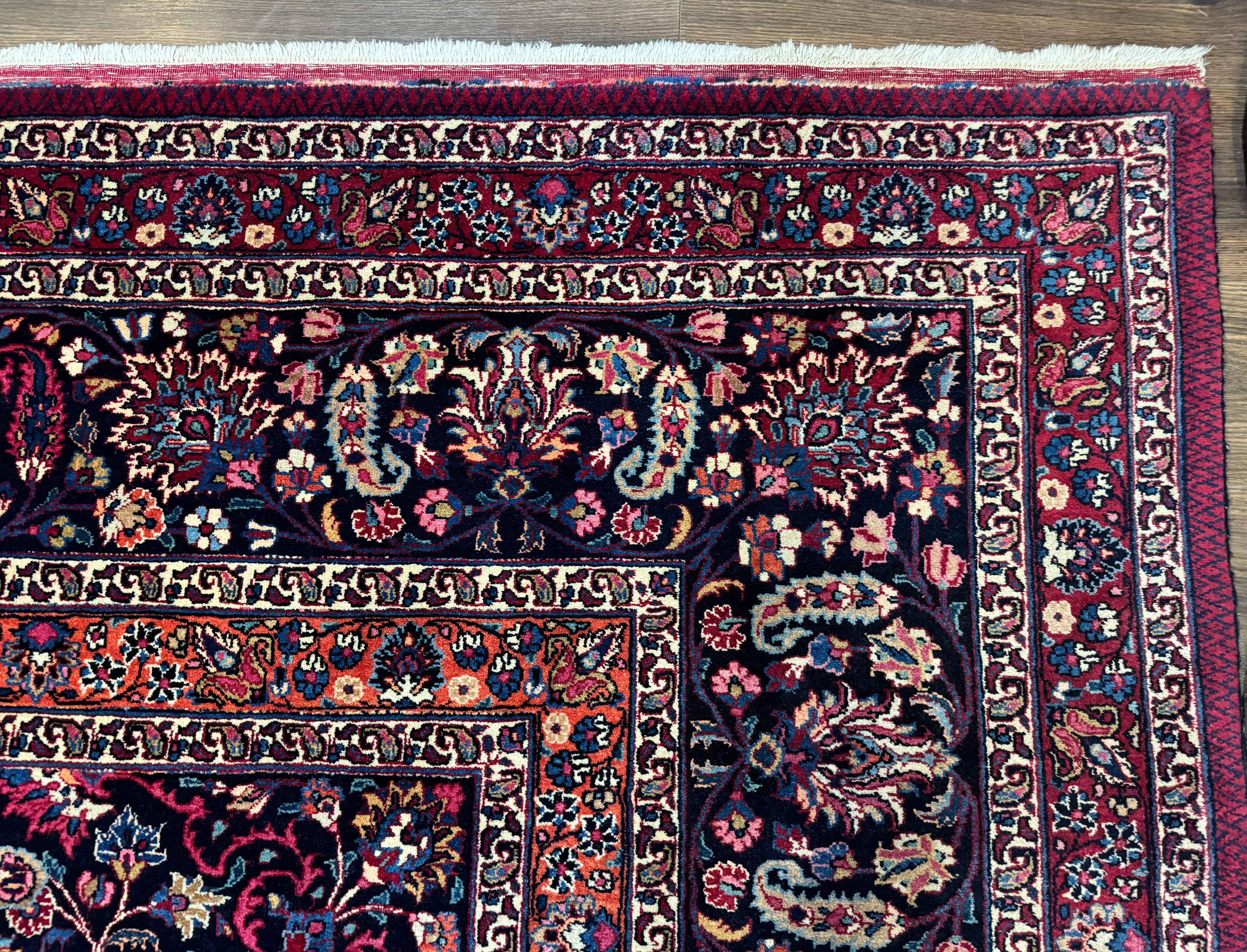 Antique Persian Mashad Rug 12x15, Palace Size Carpet, Wool Hand Knotted, Red and Navy Blue, Floral Medallion - Jewel Rugs