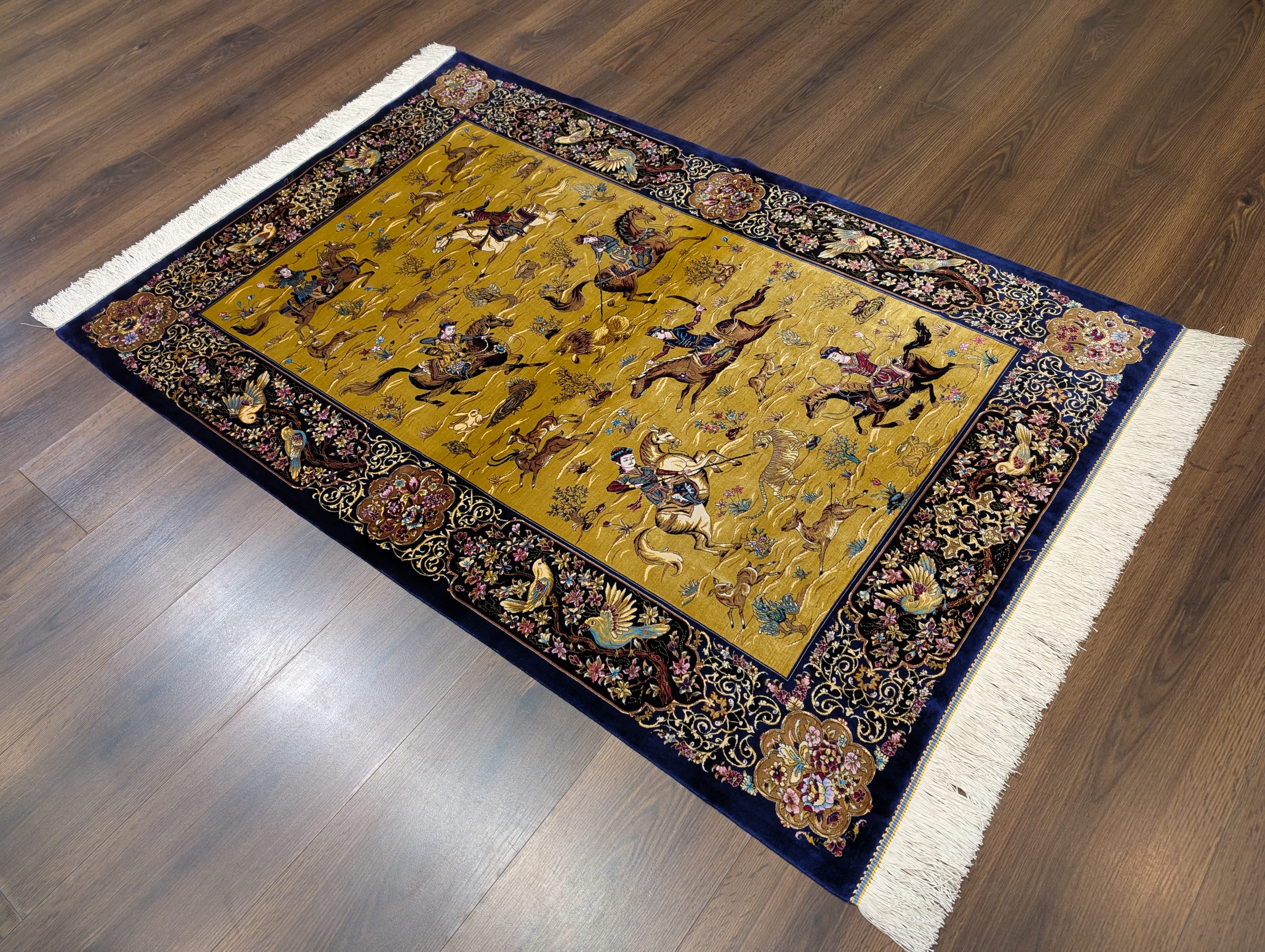 Hunting Pattern Silk Rug 3x5, Animal Pictorials, Persian Design Silk Carpet, Bamboo Silk, New - Jewel Rugs