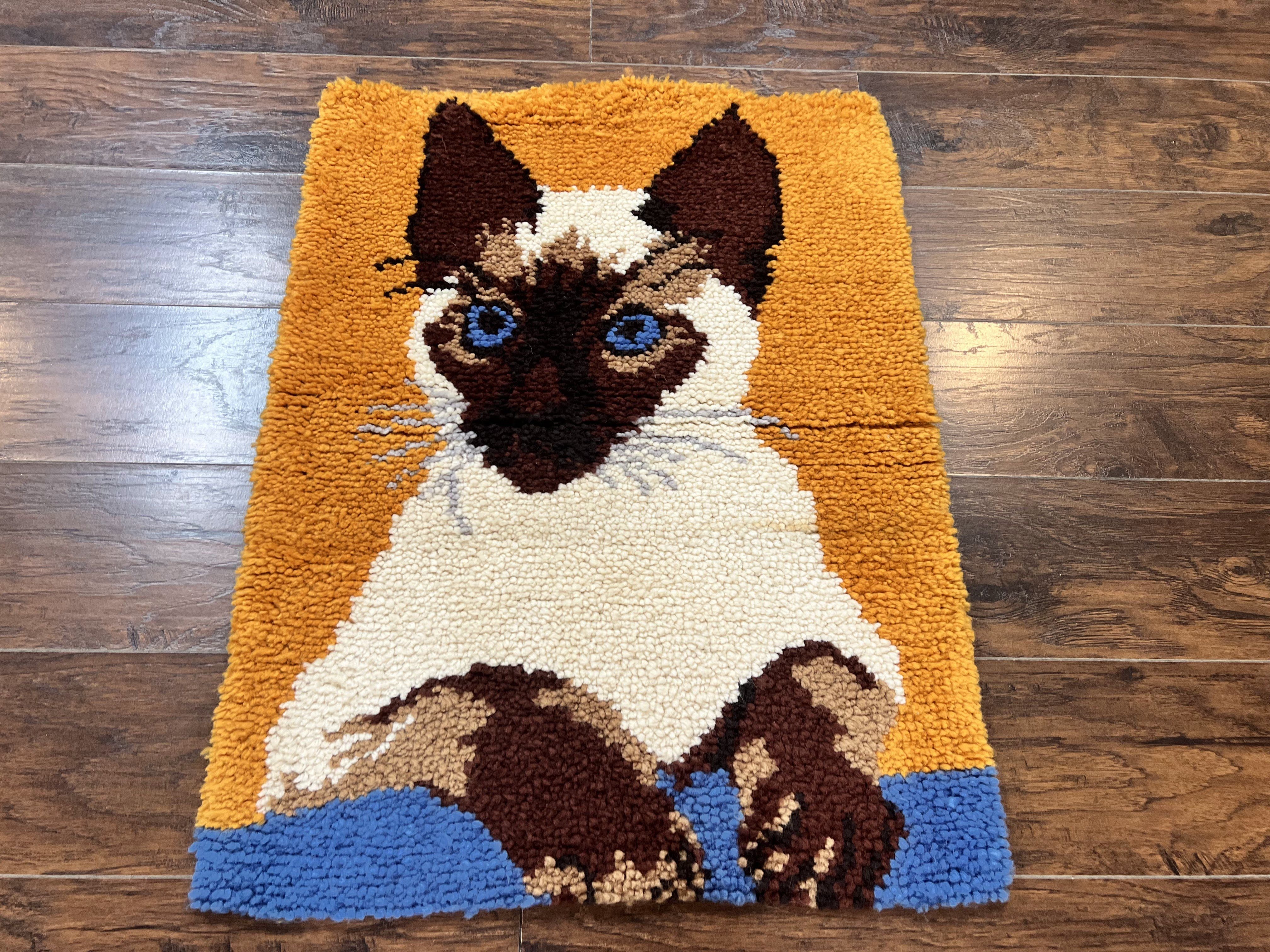Small Shag Rug with Siamese Cat Pictorial, 2x3 ft Rug, Wool, Vintage, Danish Rya Shag Rug, Orange - Jewel Rugs