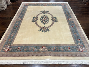Chinese Carving Rug 8x10, Chinese Wool Carpet 8 x 10, Cream, 120 Line Rug, Vintage Handmade Art Deco Asian Oriental Rug, Aubusson Rug