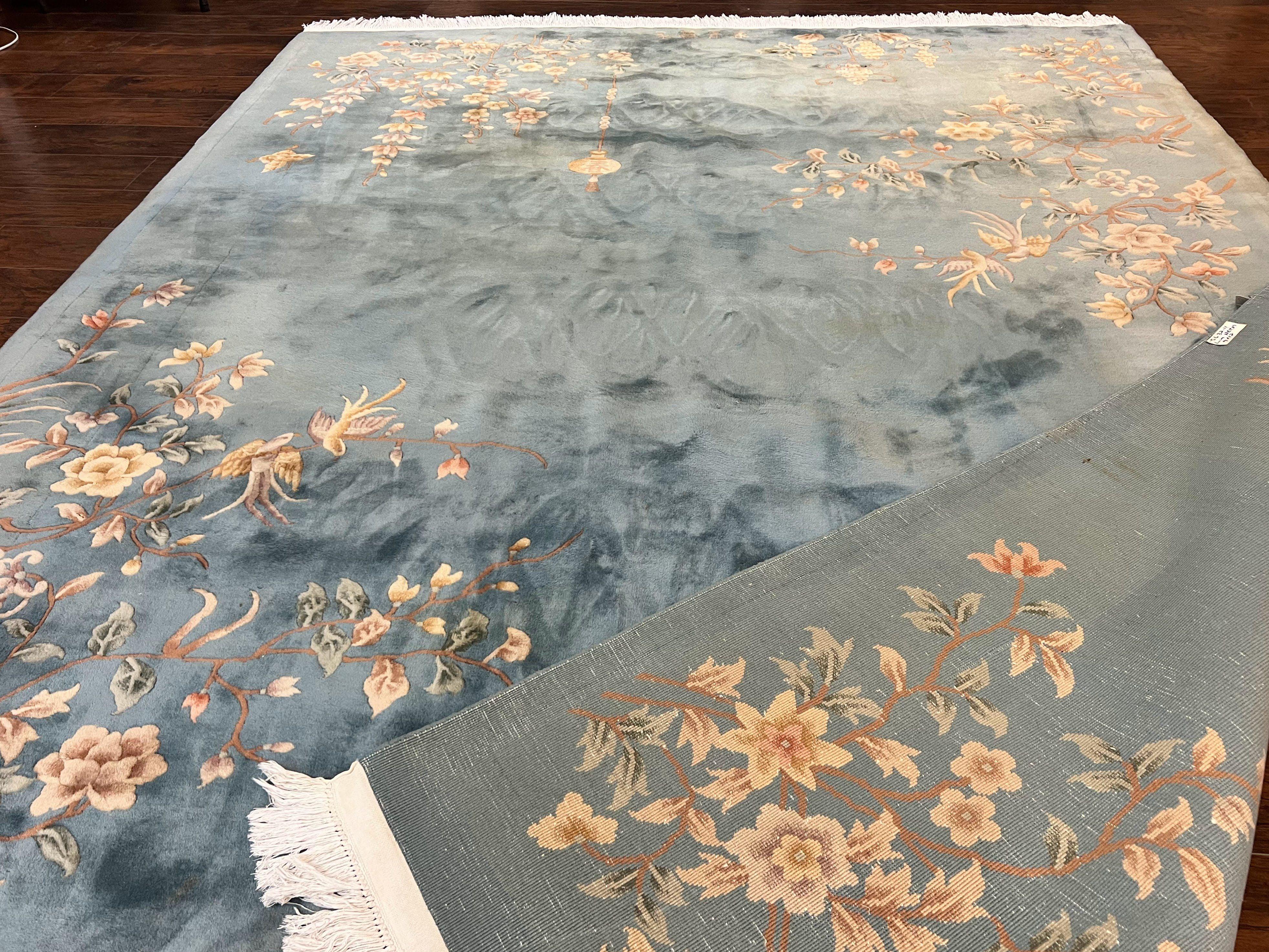 Chinese Wool Rug 9x12, Art Deco Carpet 9 x 12, Wool Handmade Vintage 90 Line Carving Rug, Floral Simple Design - Jewel Rugs