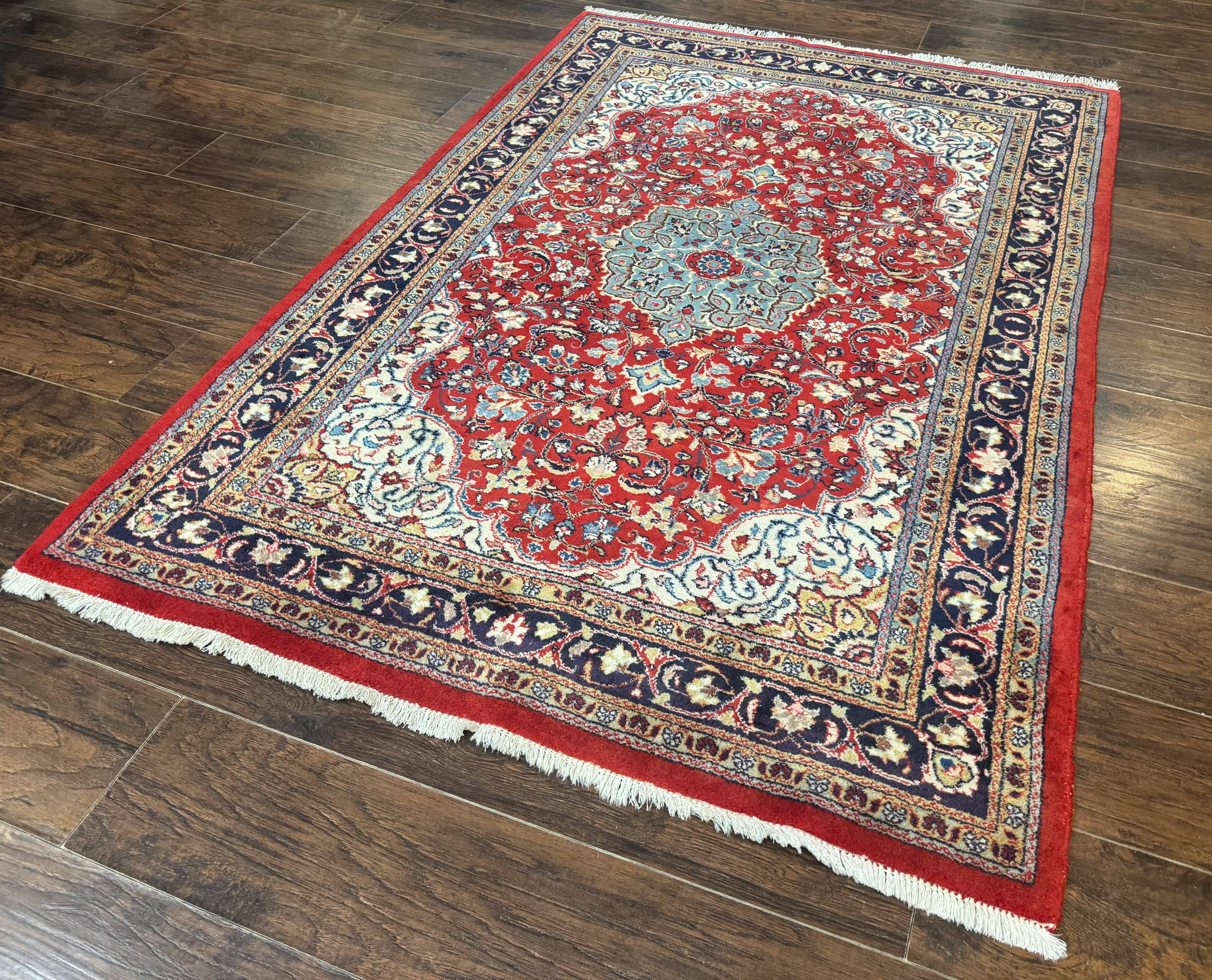 Persian Sarouk Rug 4x7, Red Navy Blue Vintage Wool Medallion Carpet - Jewel Rugs
