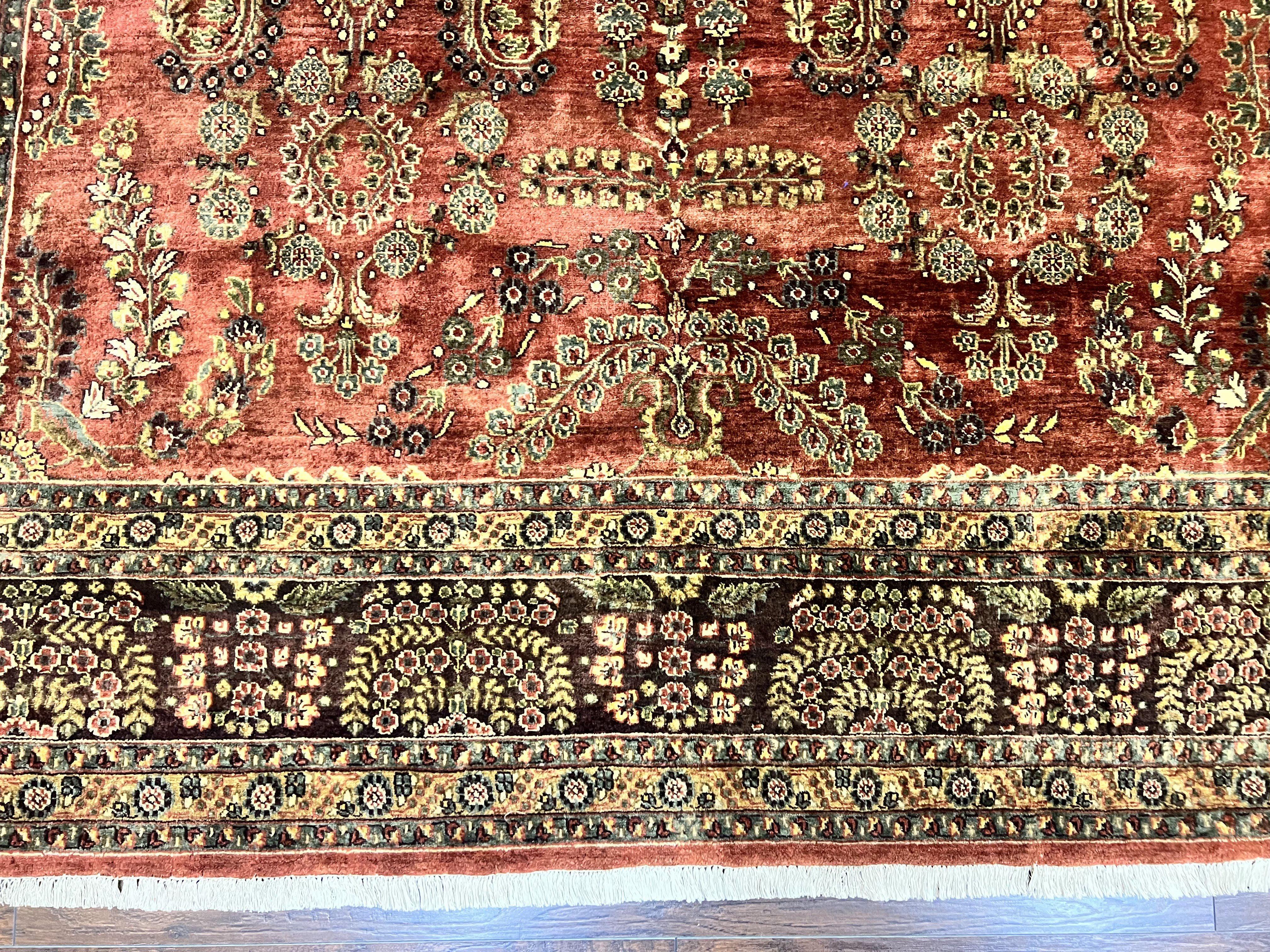 Indo Persian Sarouk Rug 8x10, Indian Oriental Carpet 8 x 10 ft, Red Handmade Wool Fine Floral Allover Vintage Rug, Traditional Rug - Jewel Rugs