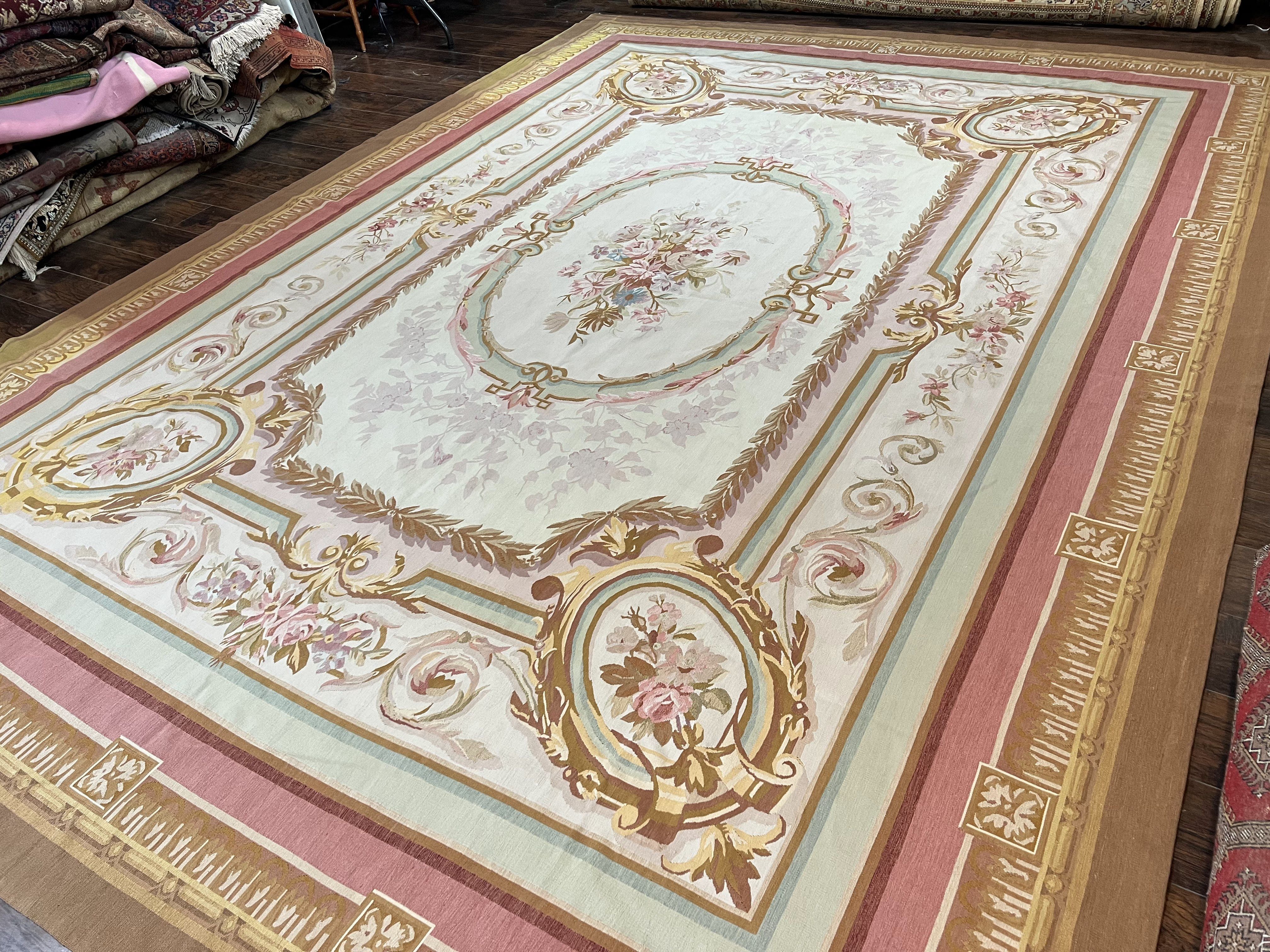 Large Aubusson Rug 11x15, Oversized Gallery Palace Size Flatweave Savonnerie Carpet 11 x 15 ft, Wool Handmade Vintage Elegant European - Jewel Rugs