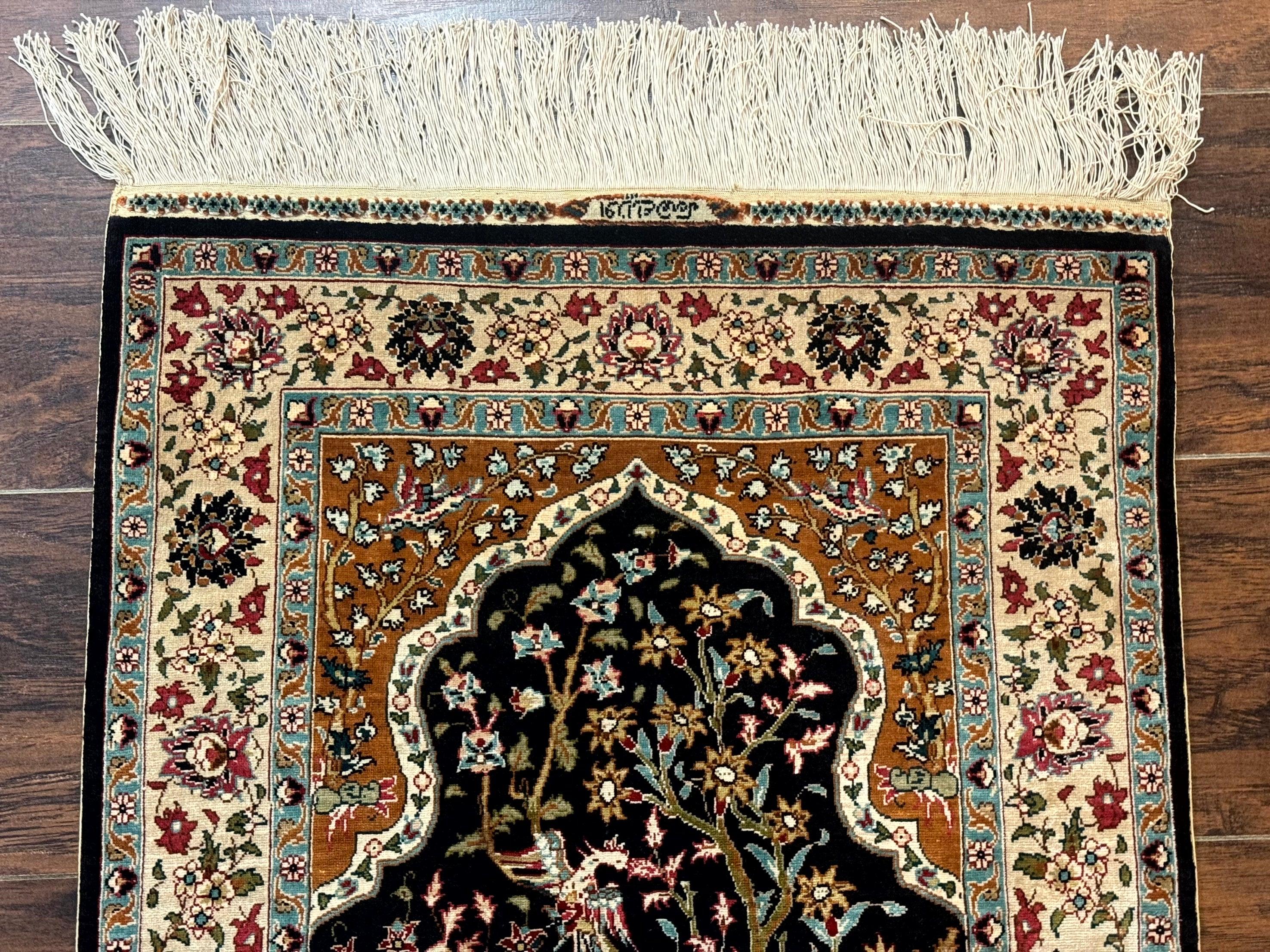 Small Silk Turkish Hereke Rug 2x3, Tree of Life Design, Bird and Animal Pictorials, Very Fine 480 KPSI, Silk on Silk, Signed By Masterweaver - Jewel Rugs