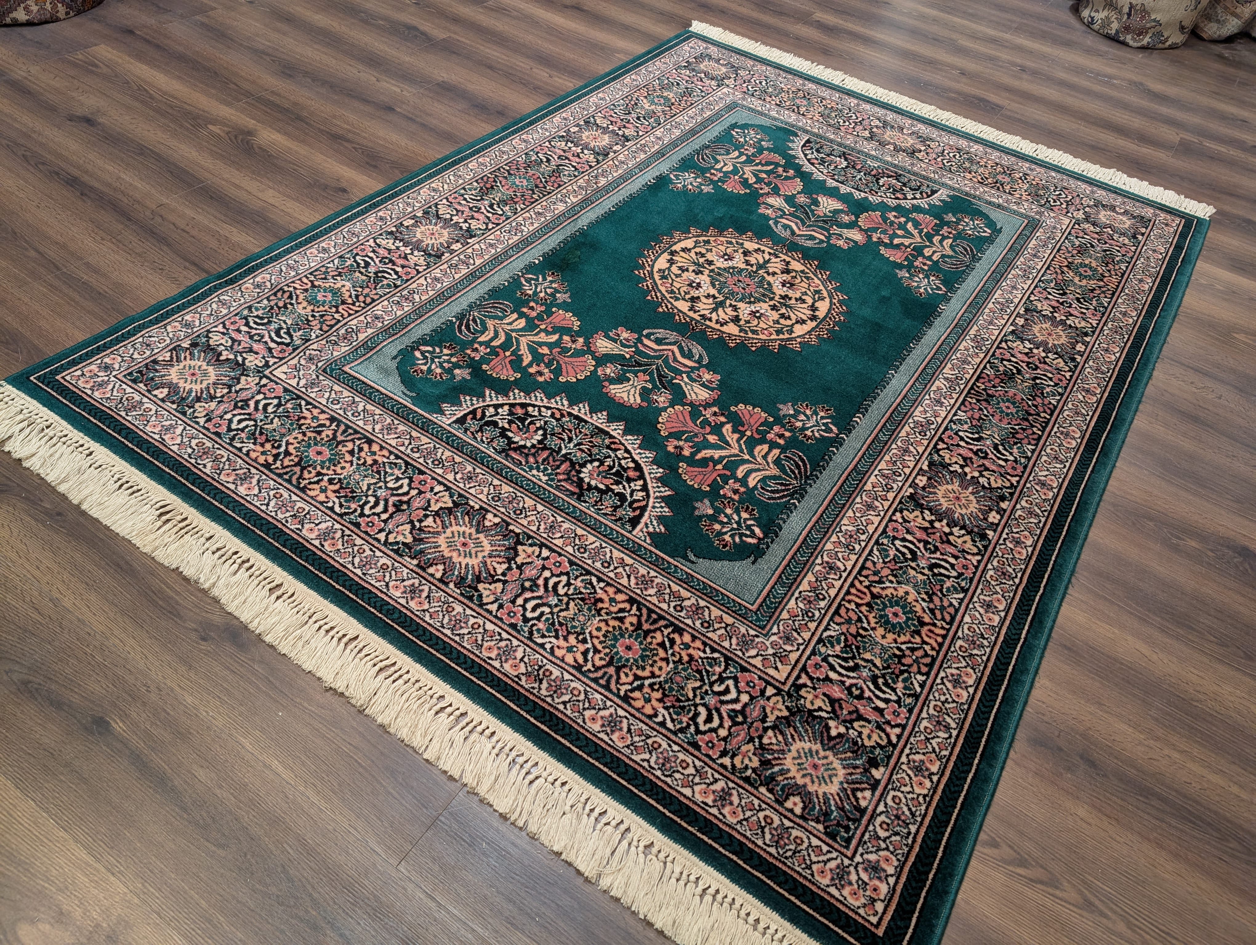Green Belgium Power Loomed Rug, Vintage Persian Design Wool Carpet - Jewel Rugs