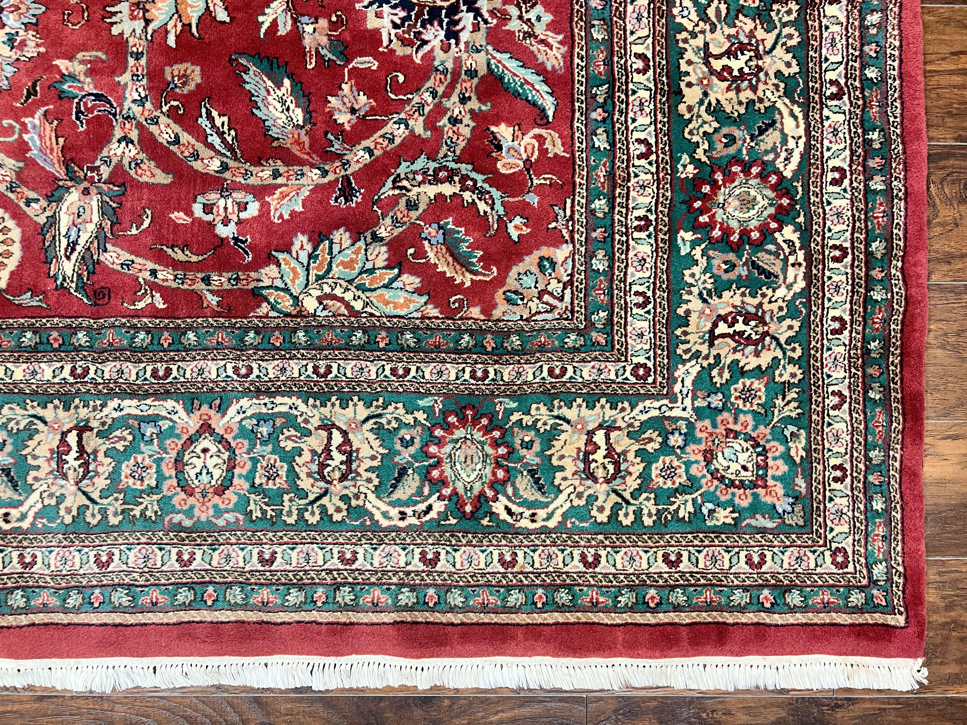 Indo Persian Rug 9x12, Wool Hand Knotted Vintage Carpet, Red & Green, Floral Allover 9 x 12 Room Sized Oriental Rug - Jewel Rugs