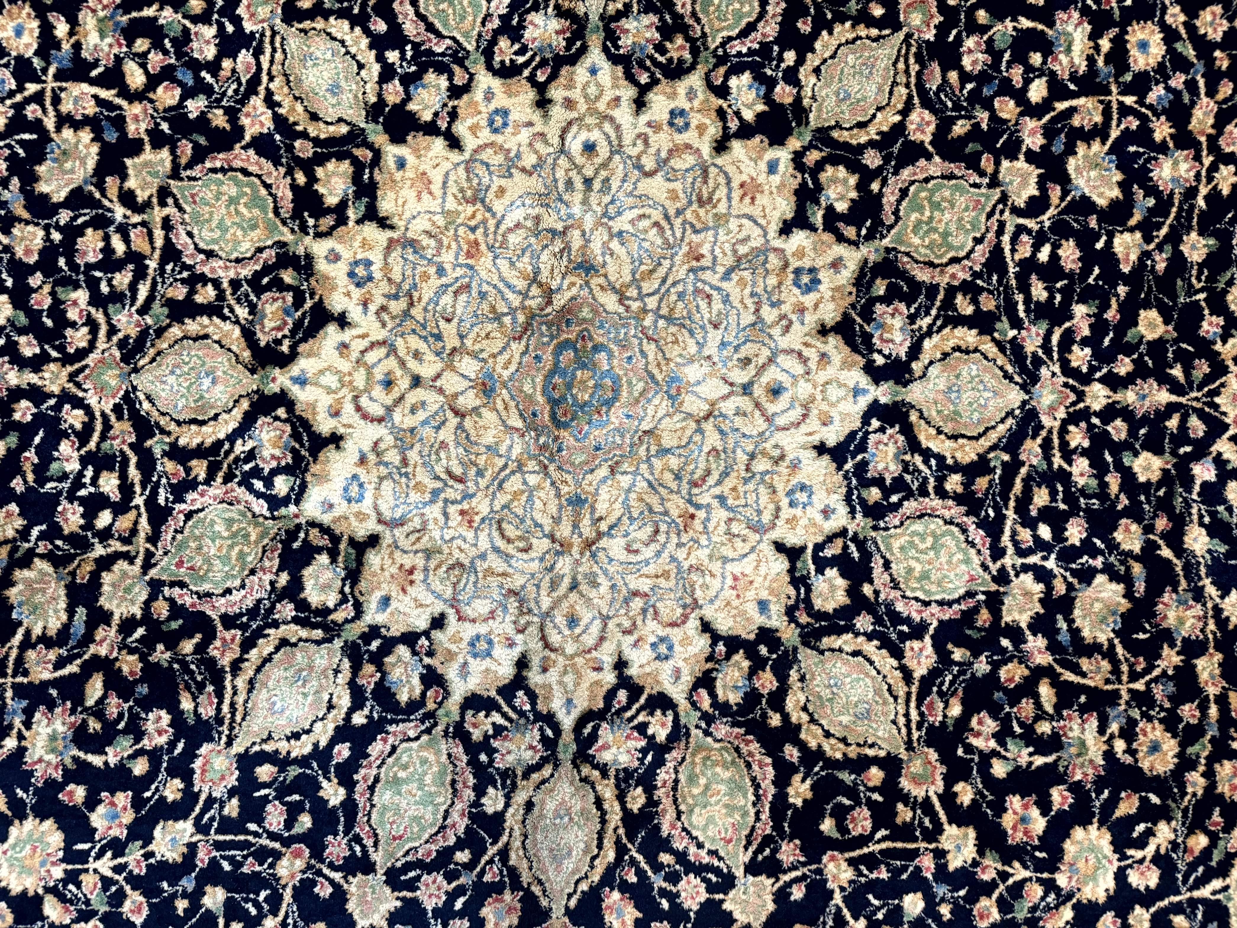 Large Persian Kerman Rug 10x14, Navy Blue and Beige, Floral Medallion, Traditional Elegant Persian Carpet, Signed by Masterweaver - Jewel Rugs