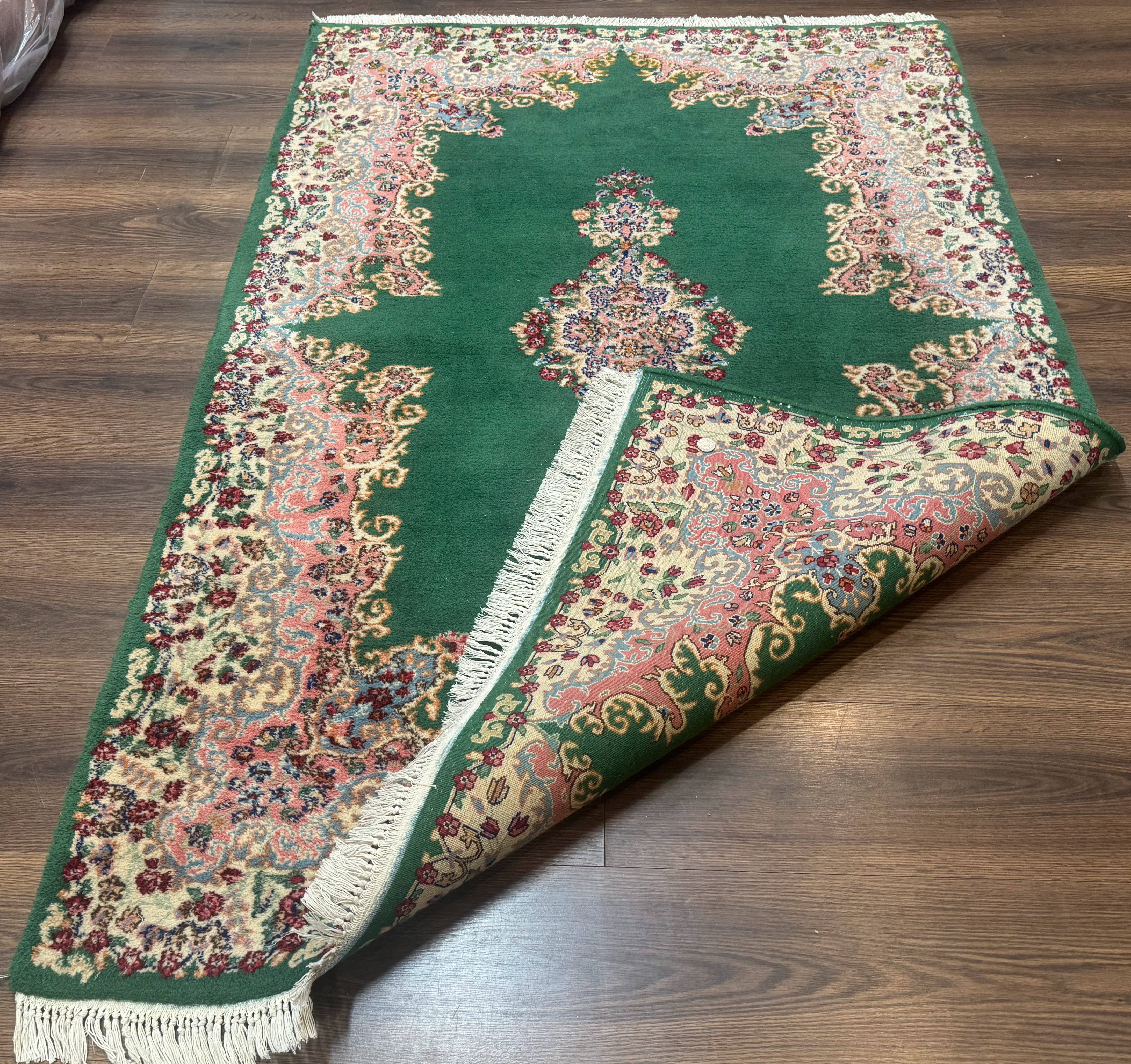 Green Persian Kerman Rug 4x6, Semi Open Field, Green & Cream, Vintage - Jewel Rugs