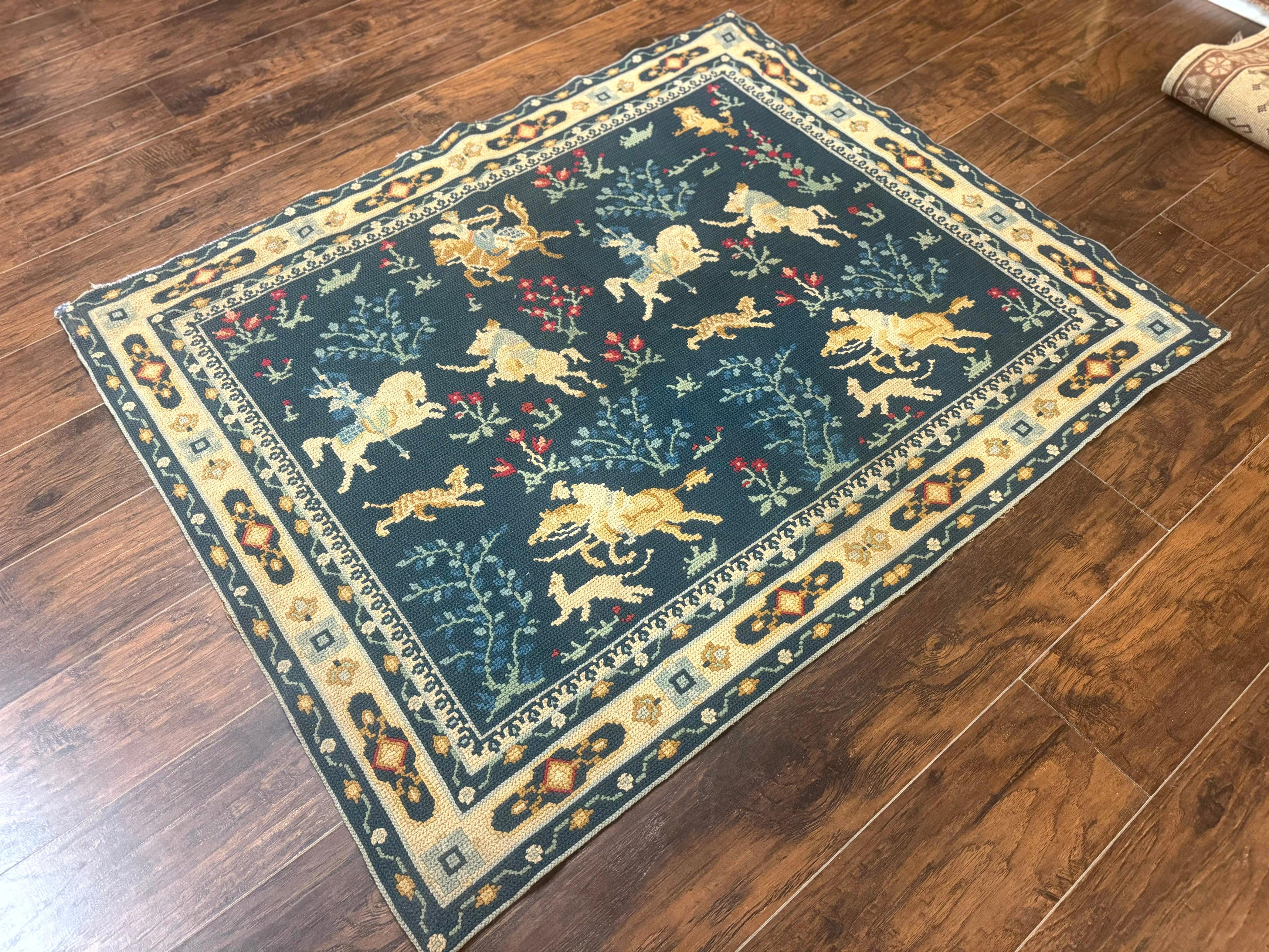 Antique Portuguese Wall Hanging Tapestry Rug, Hunting Design, Horsemen, Handmade, Flatweave - Jewel Rugs