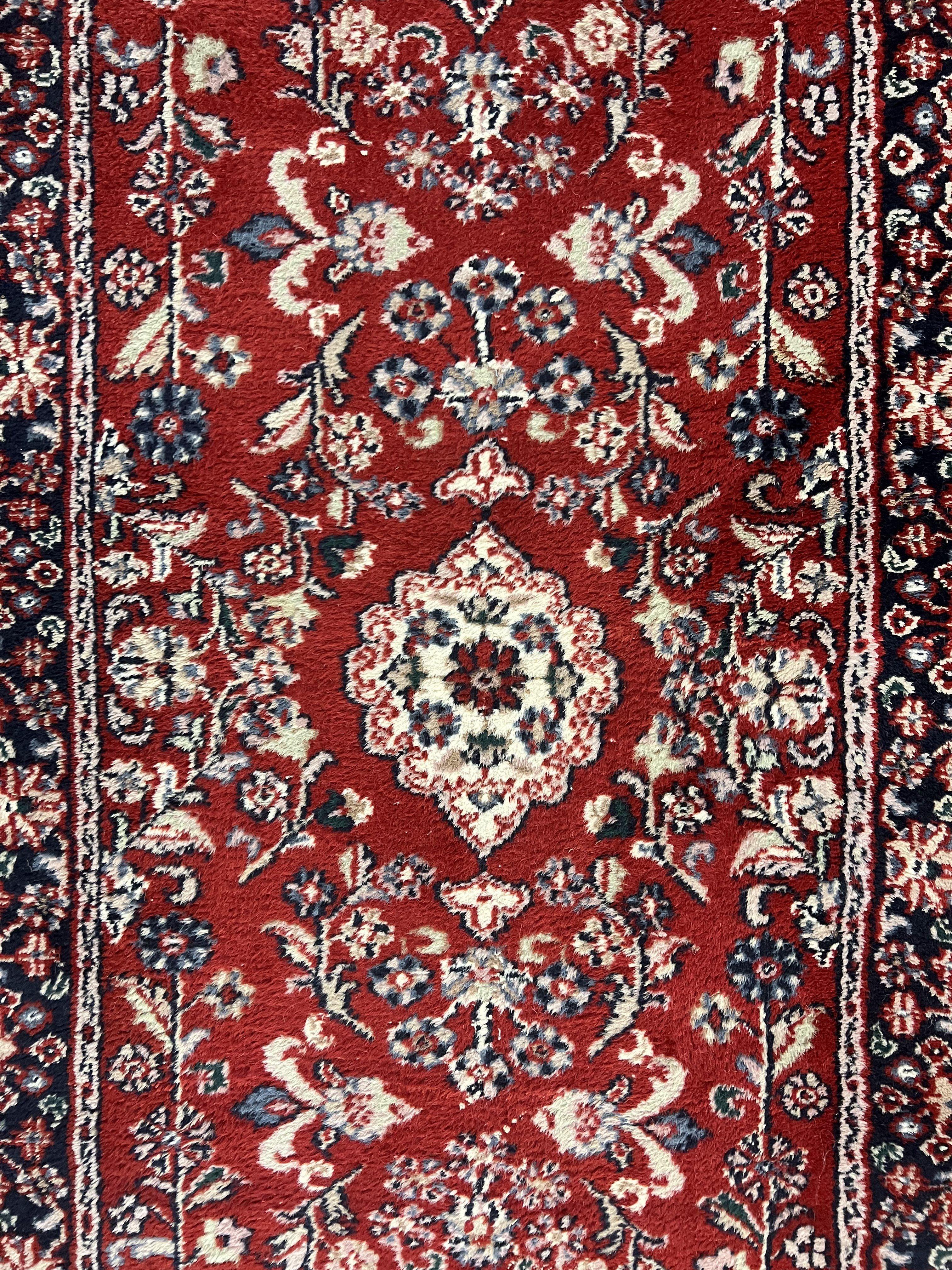 Indo Sarouk Runner Rug 3x8, Wool Hand Knotted Vintage Carpet, Red & Navy Blue Oriental Persian Runner 3 x 8, Floral Hallway Rug - Jewel Rugs