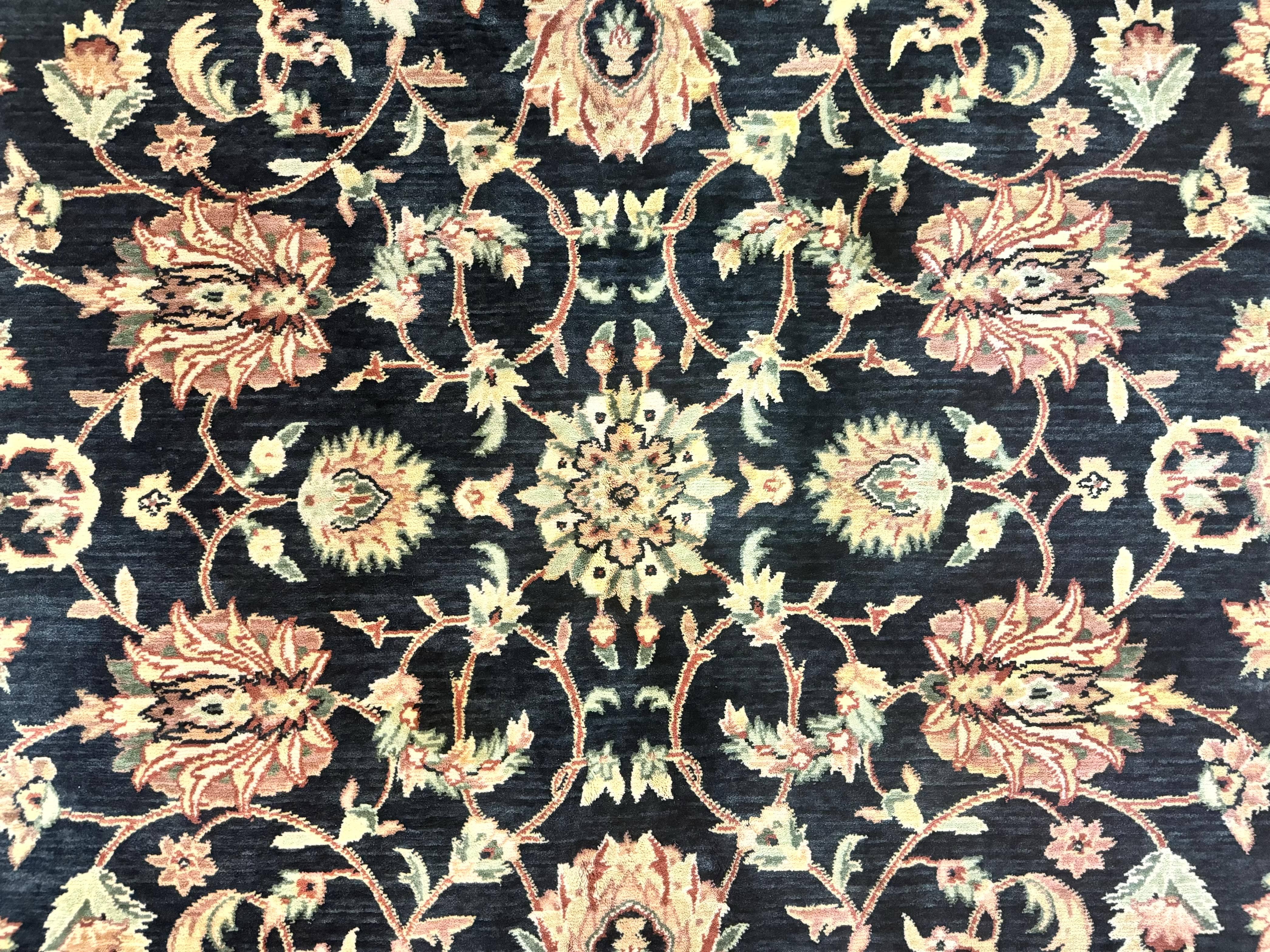 Vintage Oriental Rug 8x11, Floral Persian Design Carpet, Turkish Power Loomed Rug, Navy Blue Red Cream - Jewel Rugs