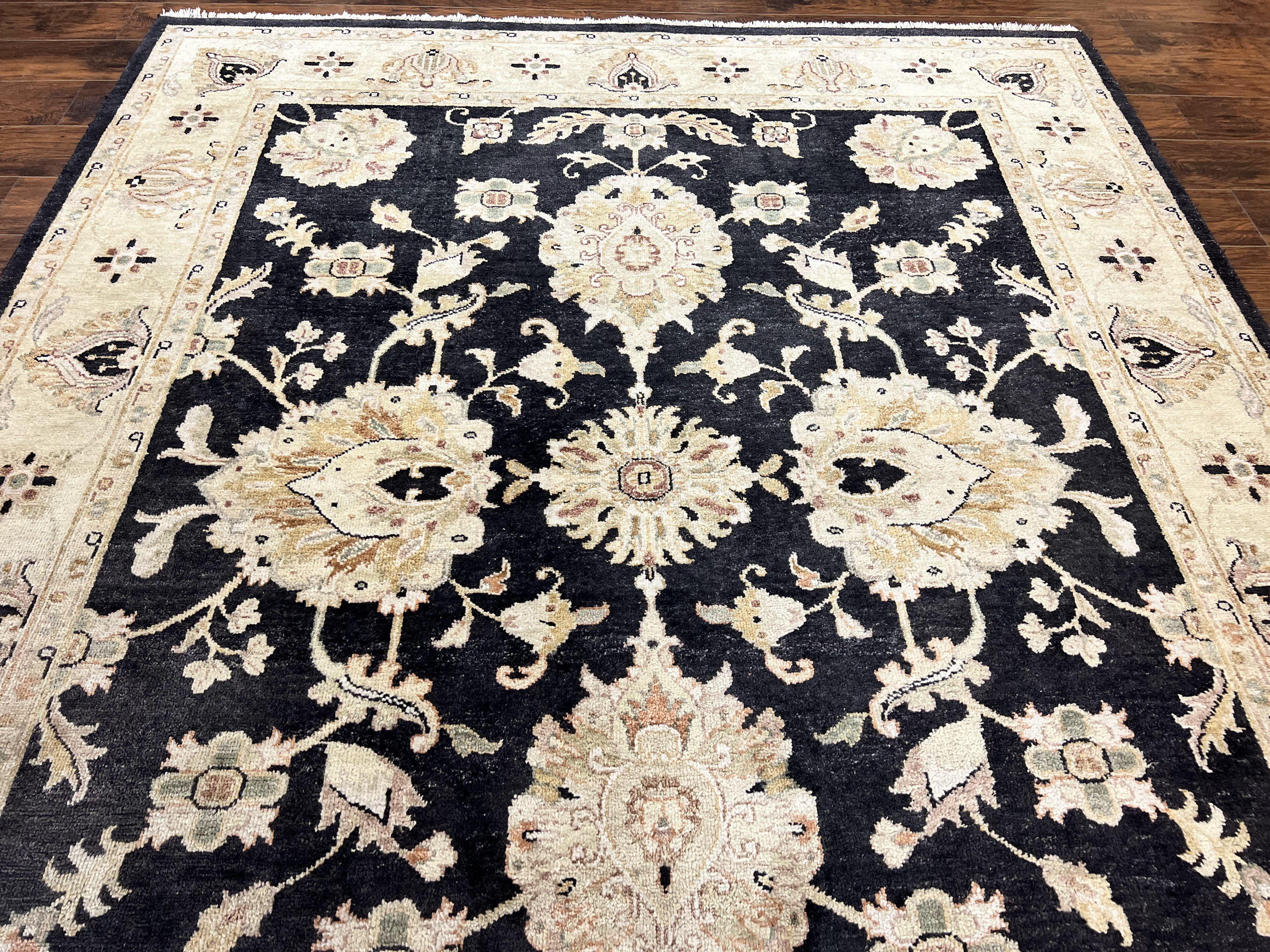 Indo Mahal Rug 8x10, Black and Beige, Vintage Rug 8 x 10 ft, Floral, Handmade Wool Carpet - Jewel Rugs