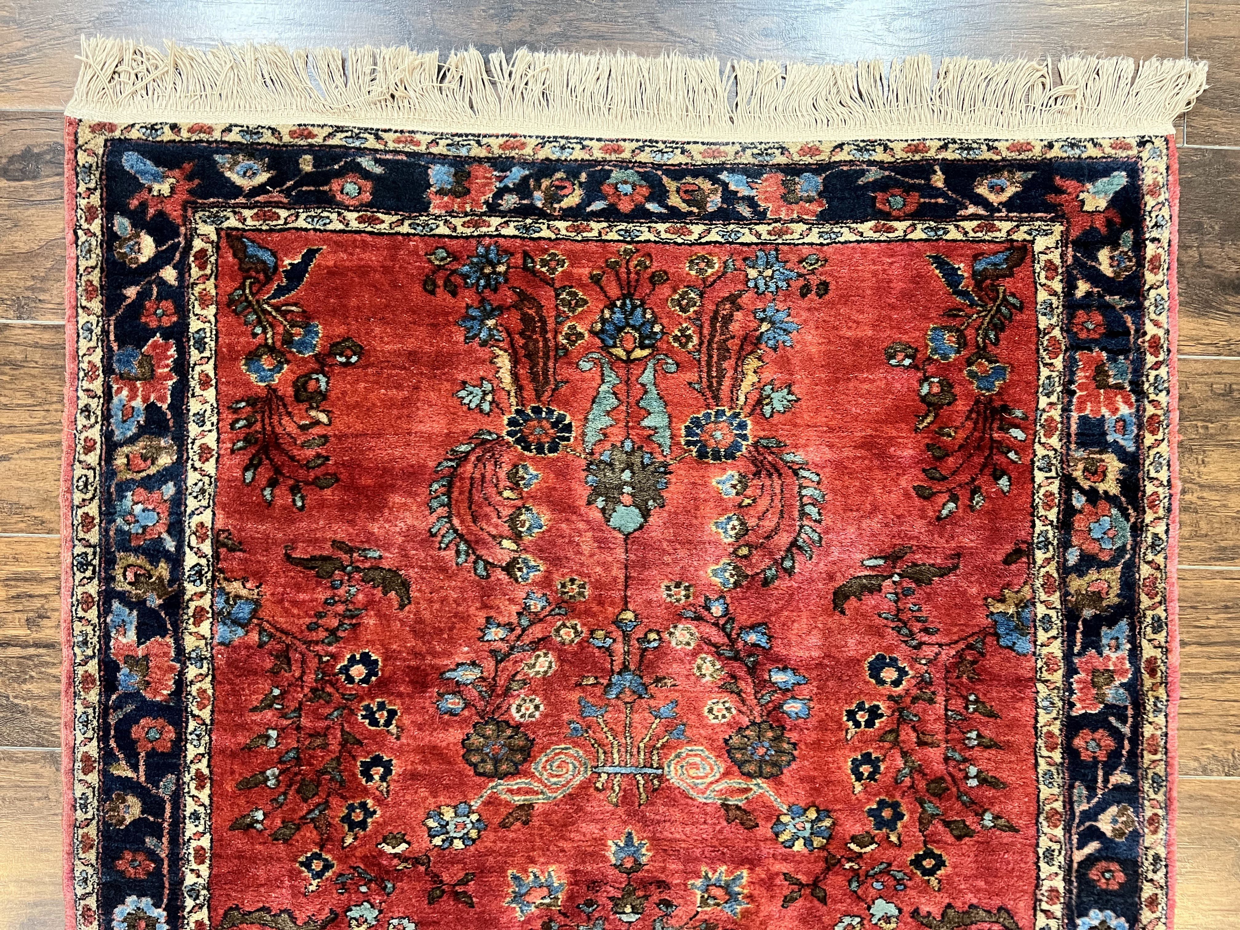 Persian Sarouk Rug 3x5, Antique Persian Carpet, Red and Navy Blue, Hand Knotted Handmade Floral Wool 1920s Fine Oriental Rug - Jewel Rugs