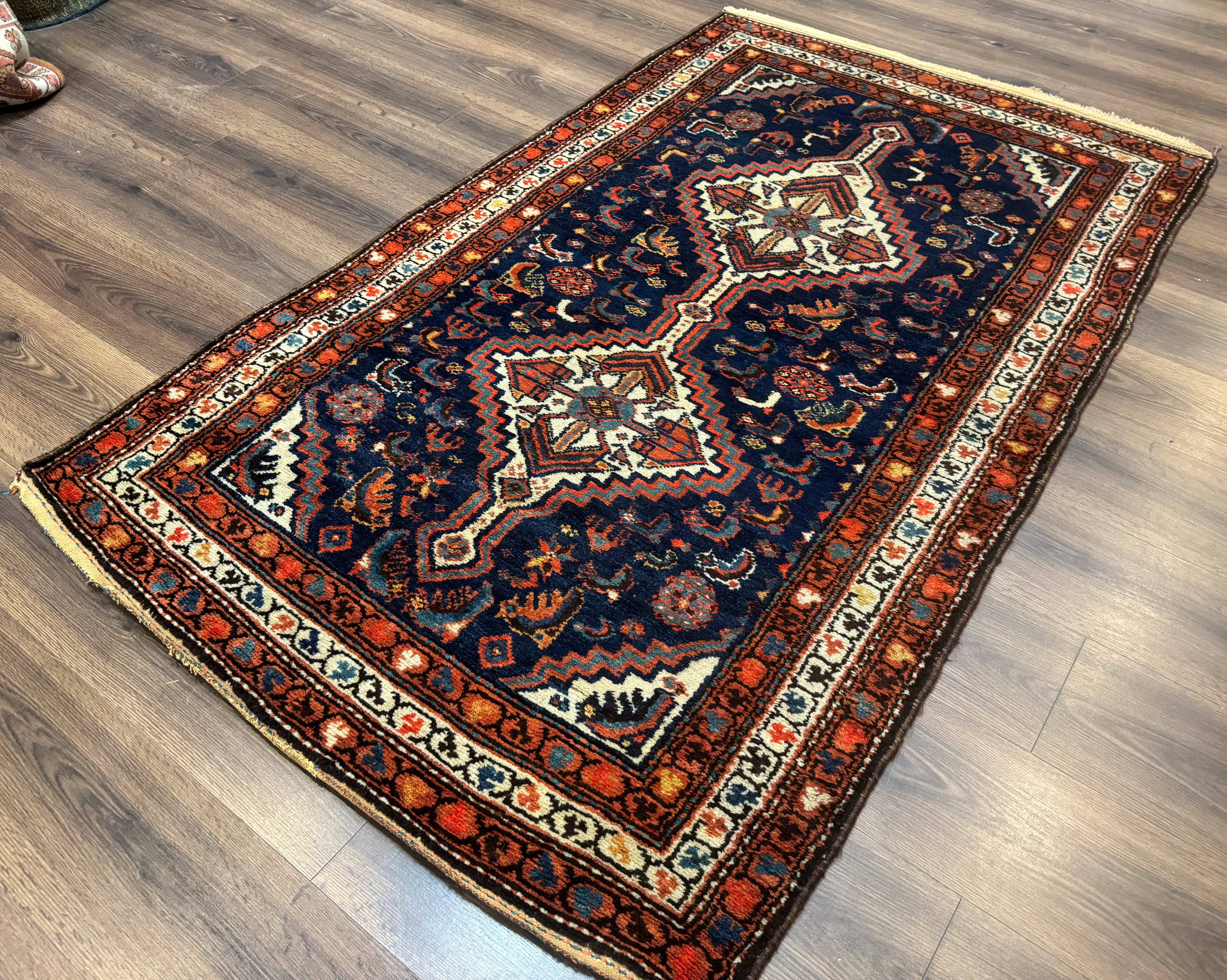 Antique Persian Hamadan Rug 4x6, Geometric, Double Medallions, Navy Blue, Tribal Carpet - Jewel Rugs