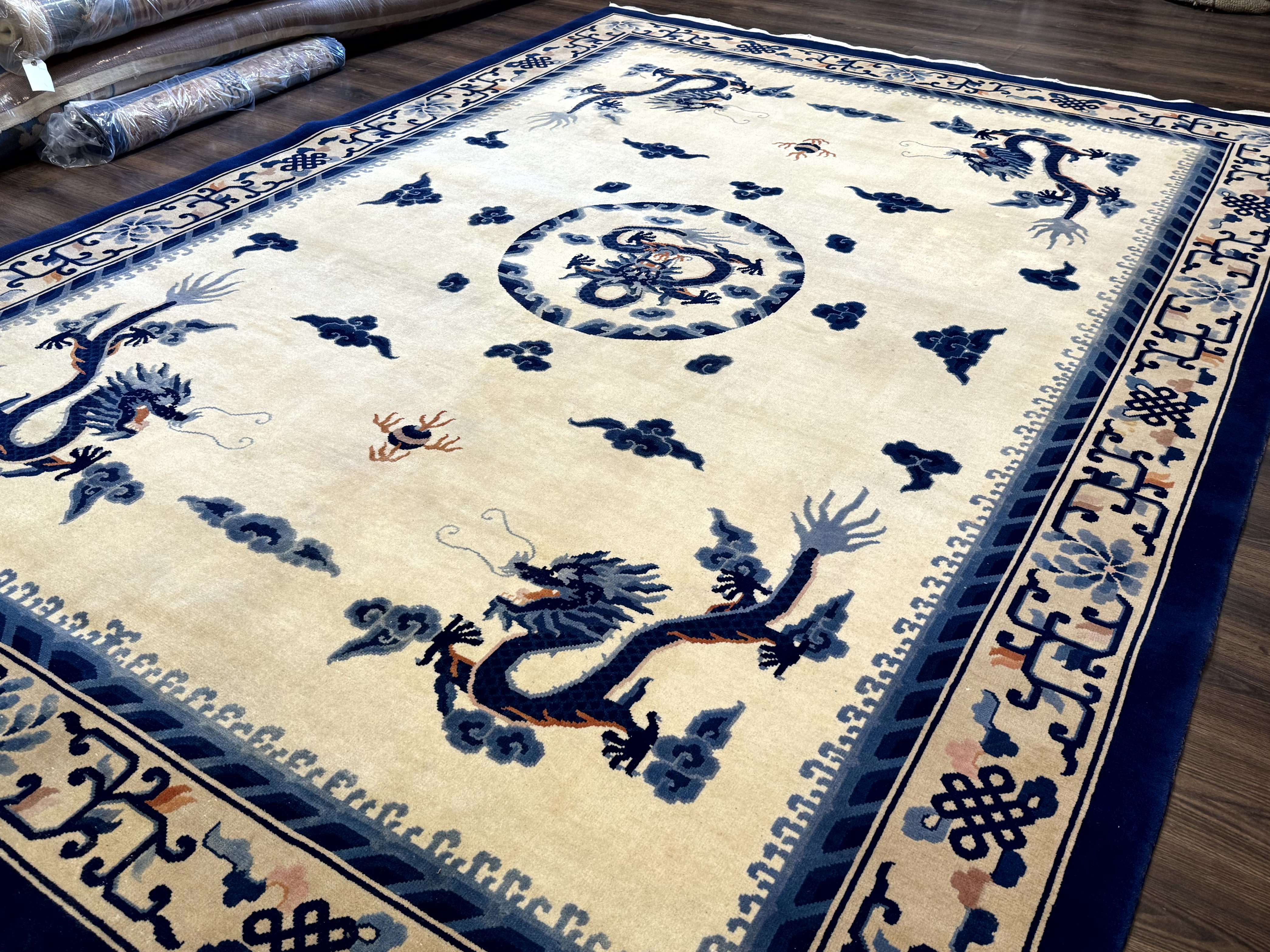 Chinese Dragon Peking Rug 8 x 11.6, Ivory and Blue, Chinese Wool Rug, Vintage - Jewel Rugs