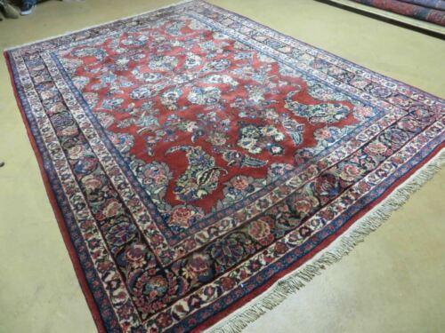 Antique Persian Qazvin Rug 6x9, Wool Hand-Knotted Oriental Carpet 6 x 9, Allover Floral Sarouk Design, 1940s Vintage Carpet, Red Navy Blue Cream - Jewel Rugs