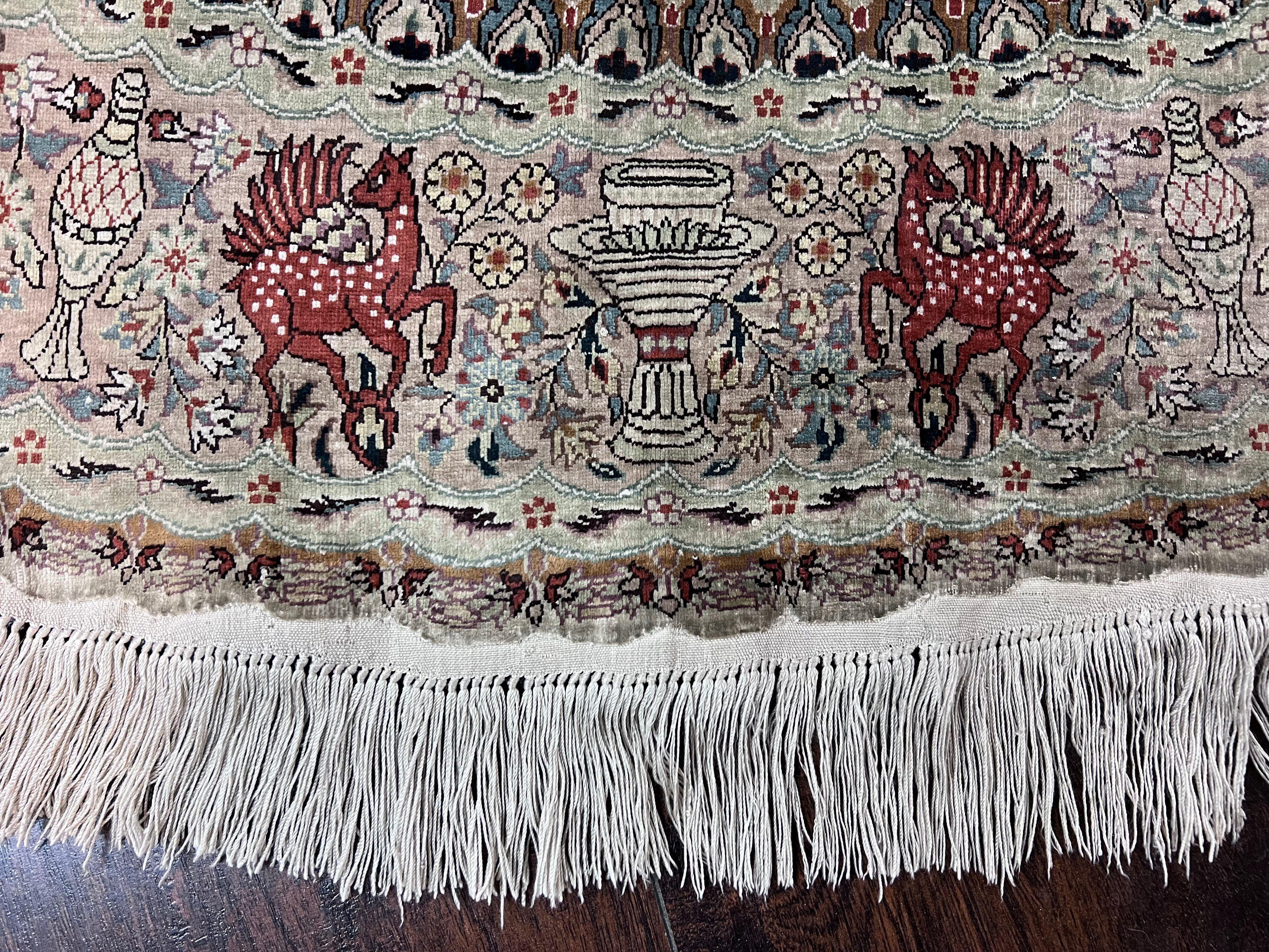 Silk Round Sino Persian Rug 5x5, Super Fine 650 KPSI, All Silk Vintage Handmade Round Carpet, Animal Pictorials, Floral Medallion Cream, Wow - Jewel Rugs