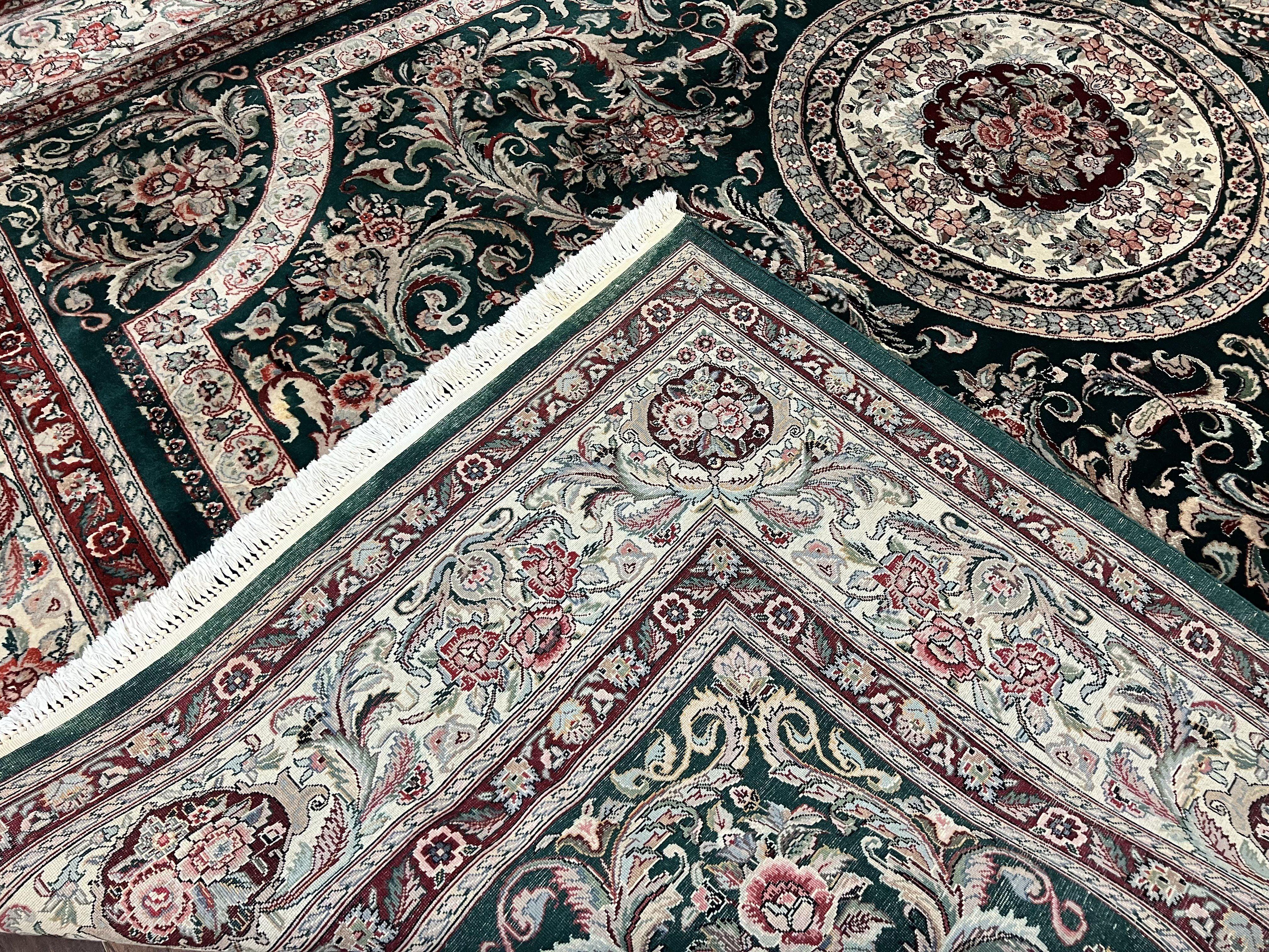 Pak Persian Rug 9x12, Dark Green and Cream, Floral Medallion, Elegant Handmade Wool Carpet 9 x 12 - Jewel Rugs