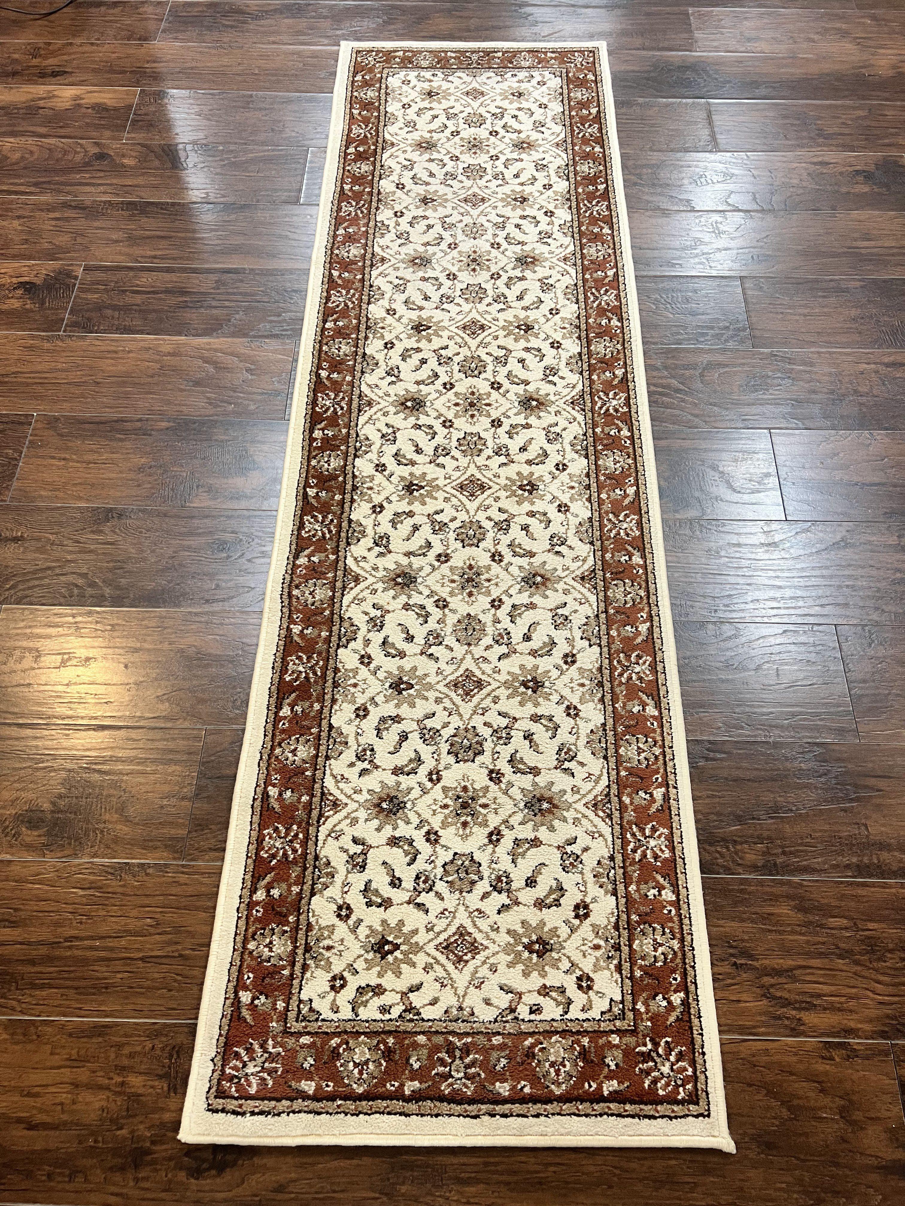 Runner Rug 2 x 7.6, Skinny Runner, Oriental Rug for Hallway, Ivory & Rust Red, Floral Allover - Jewel Rugs