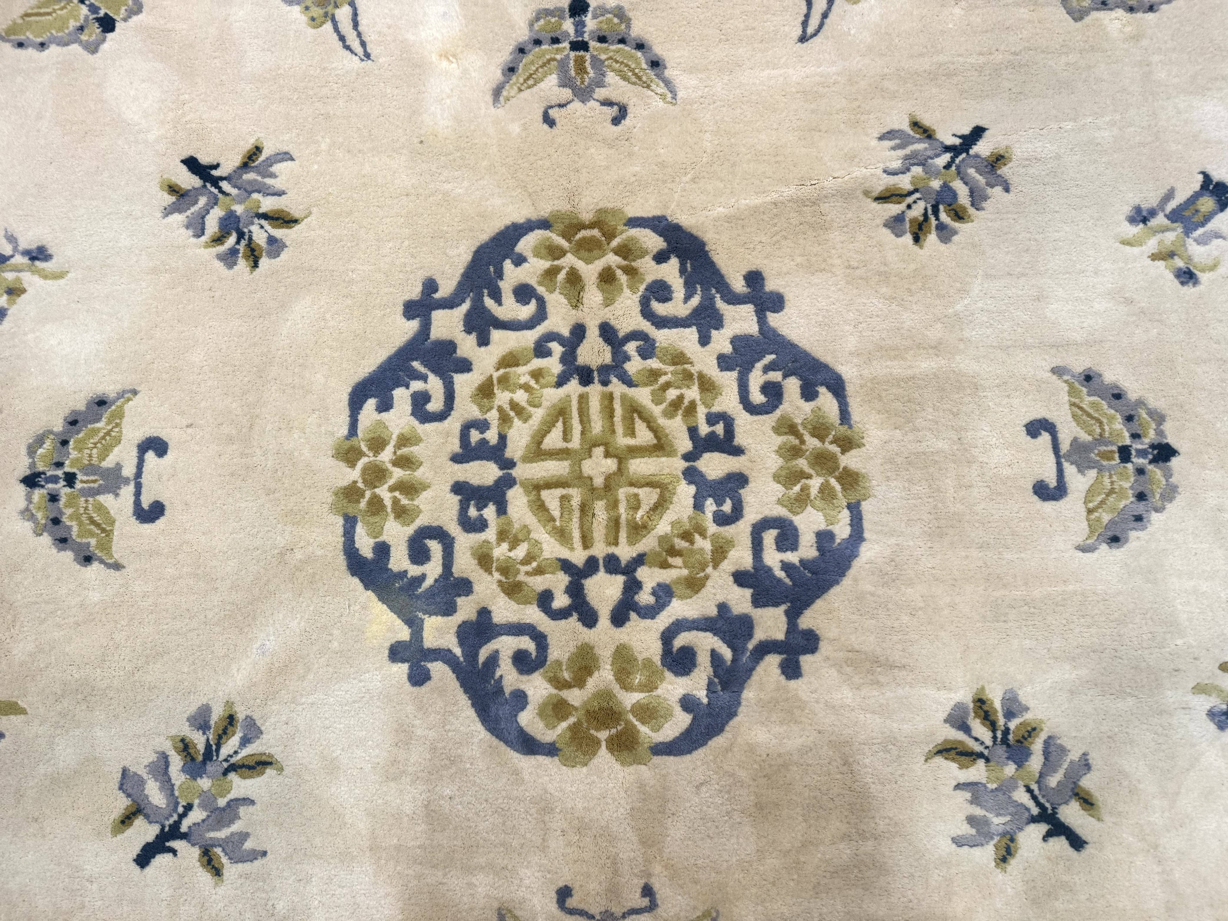 Indo Chinese Wool Rug 9x12 Beige Blue Butterflies Flowers - Jewel Rugs