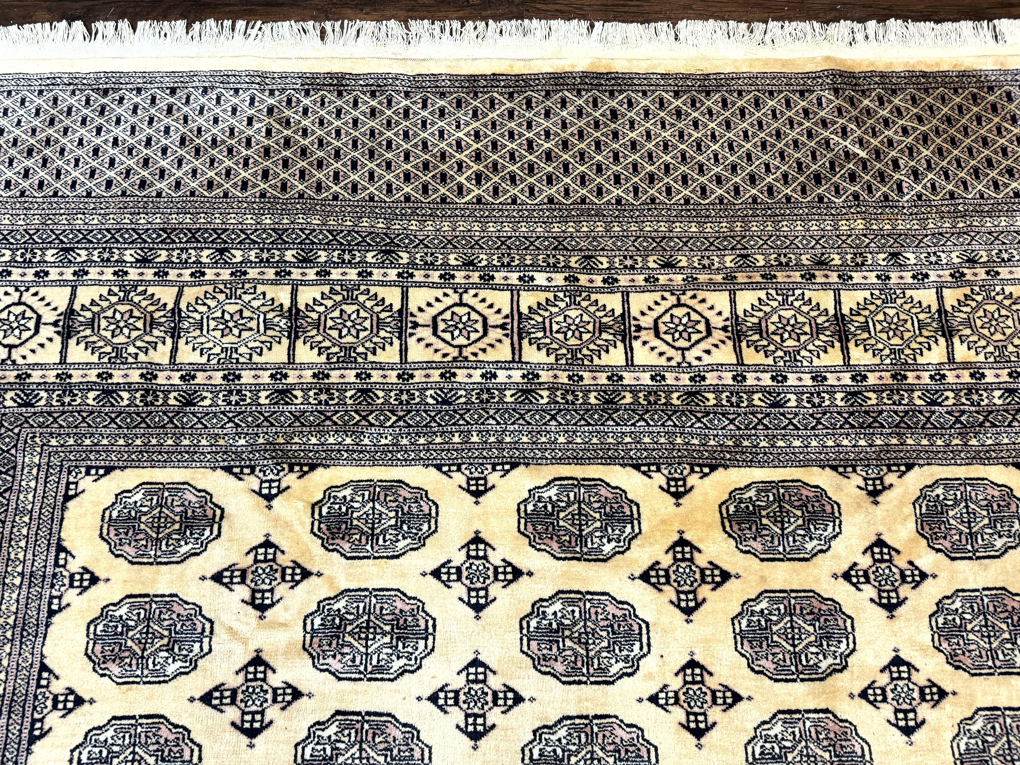 Pakistani Bokhara Turkoman Rug 9x11, Cream, Handmade Wool Vintage Carpet - Jewel Rugs