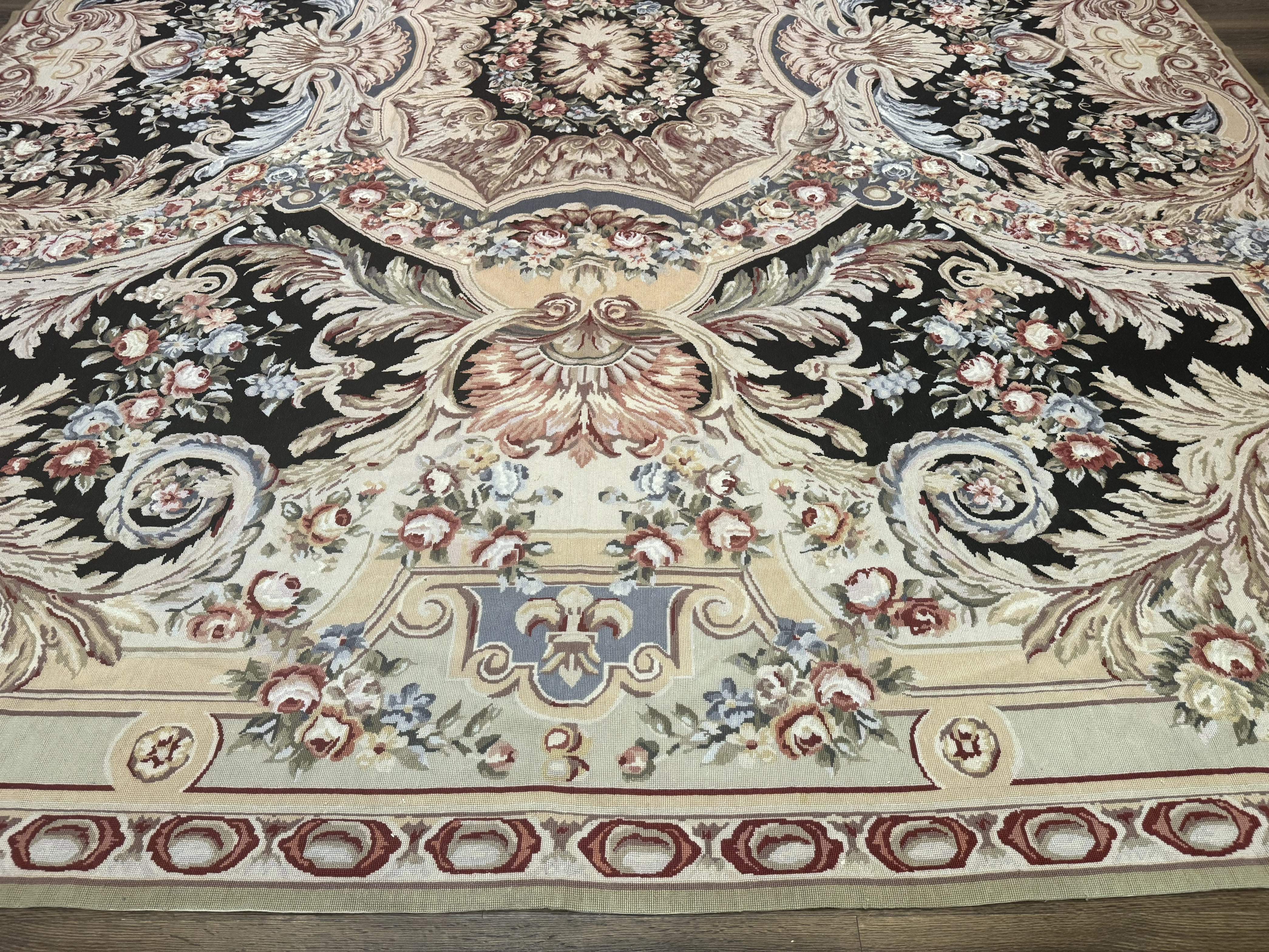 Wonderful Needlepoint Rug 10x14, Large Aubusson Carpet, Floral, Elegant, European Design - Jewel Rugs
