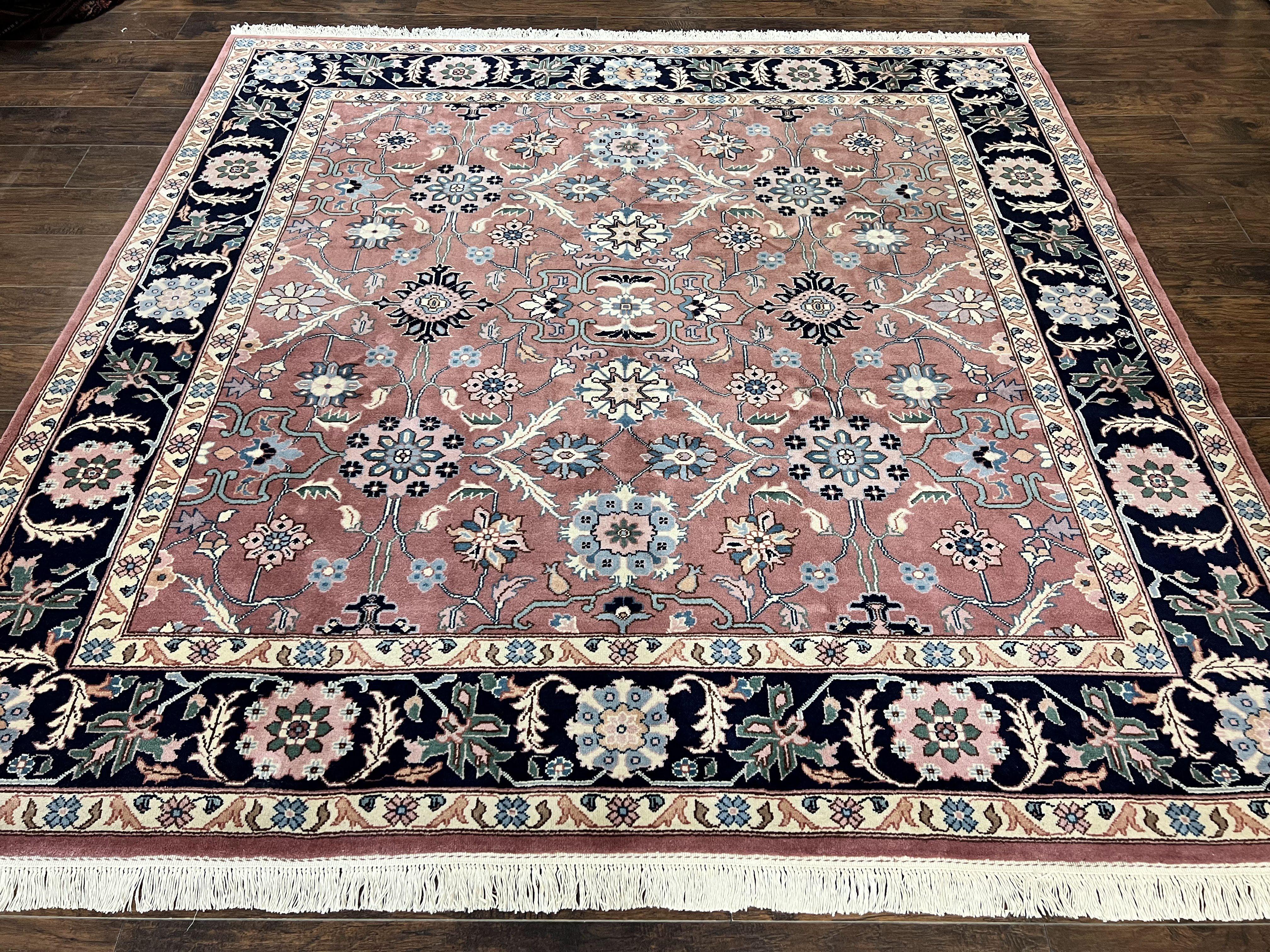 Indo Persian Square Rug 8x8 ft, Pink and Navy Blue, Allover Pattern, Handmade Vintage Wool Carpet - Jewel Rugs