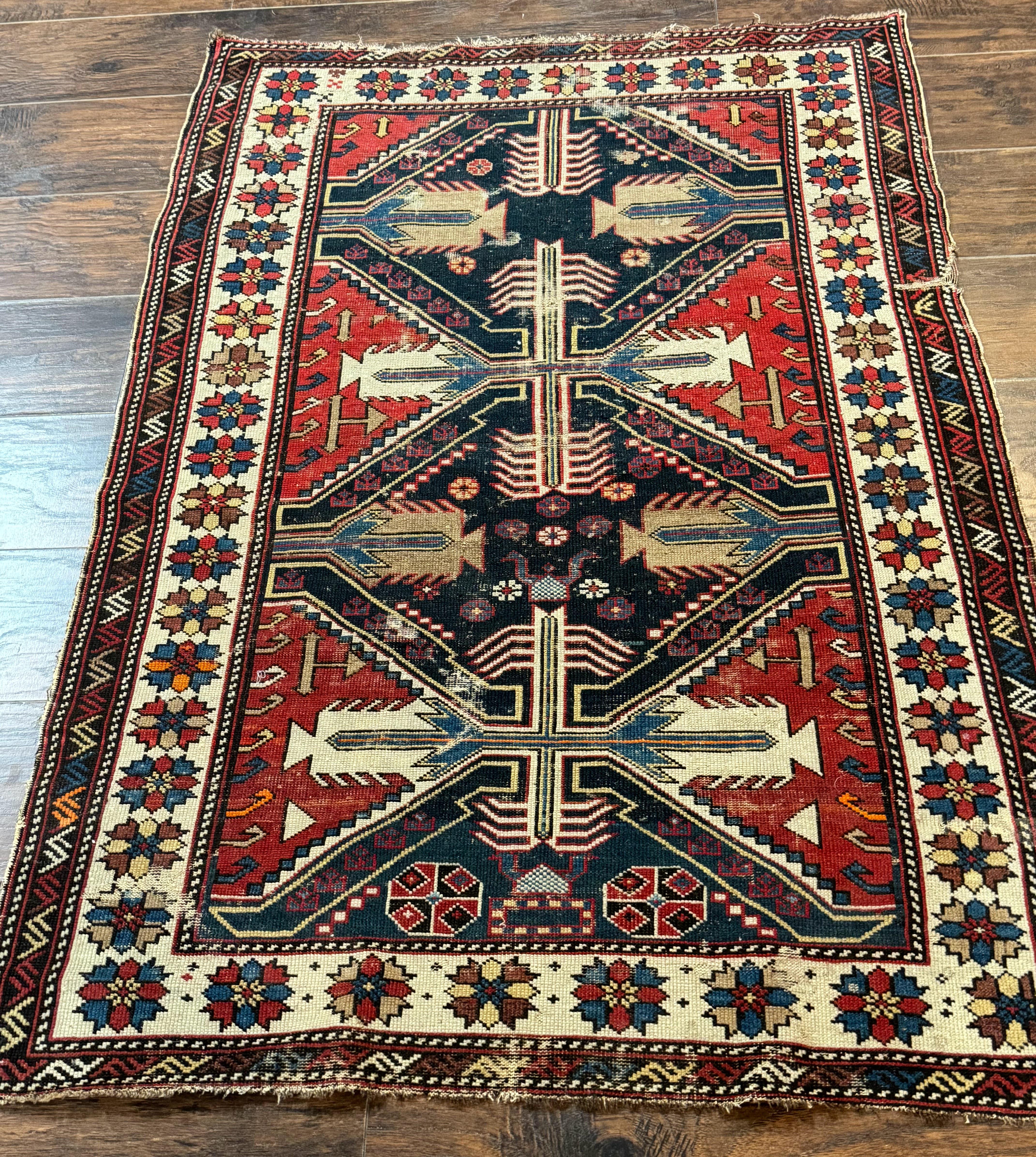 Antique Shirvan Caucasian Rug 3x5, Geometric Pattern, Red Navy Blue Beige - Jewel Rugs