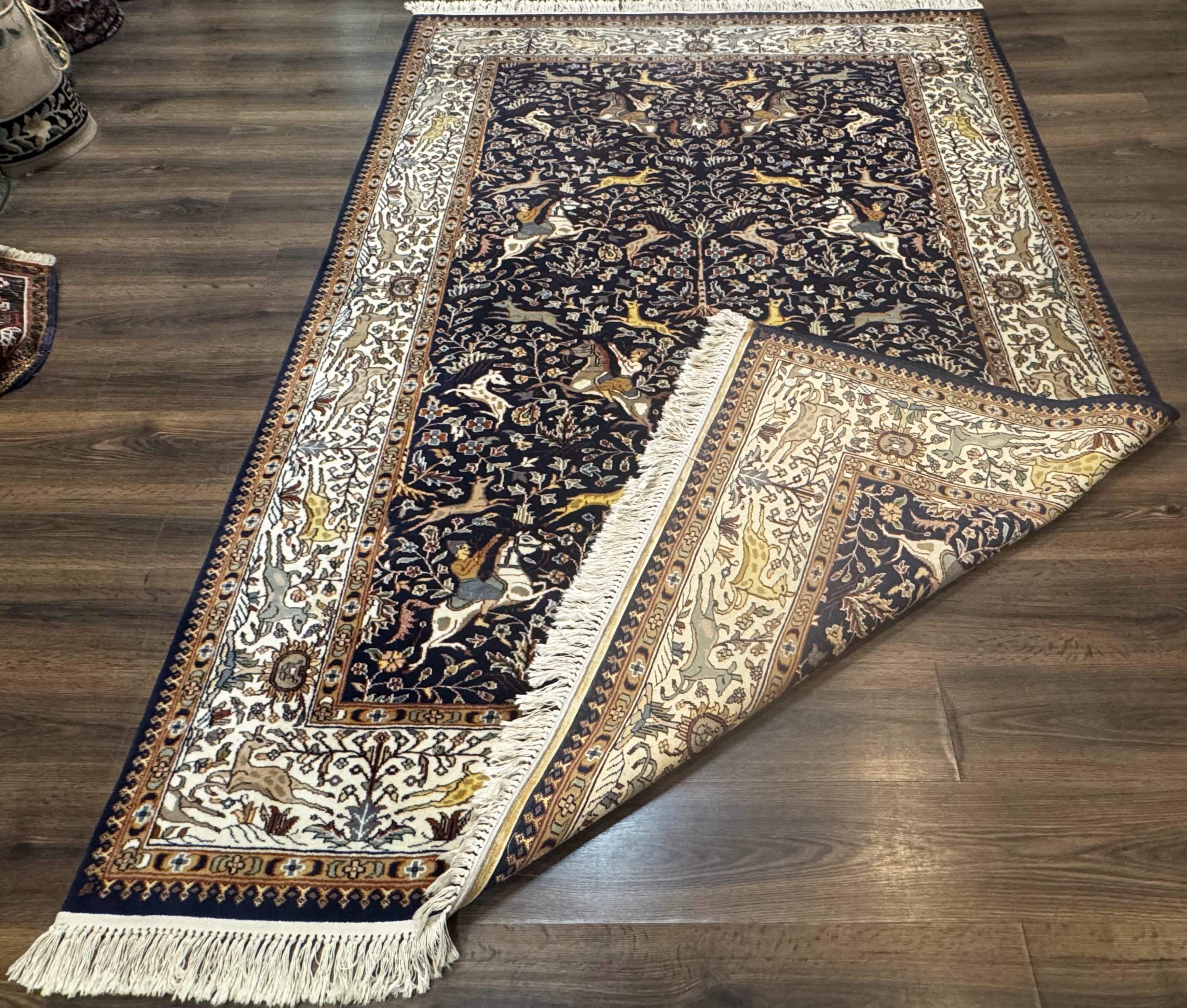 Indian Kashmiri Rug 6x9, Navy Blue and Ivory, Tree of Life, Hunting Design, Animal Pictorials, Horse Deer - Jewel Rugs