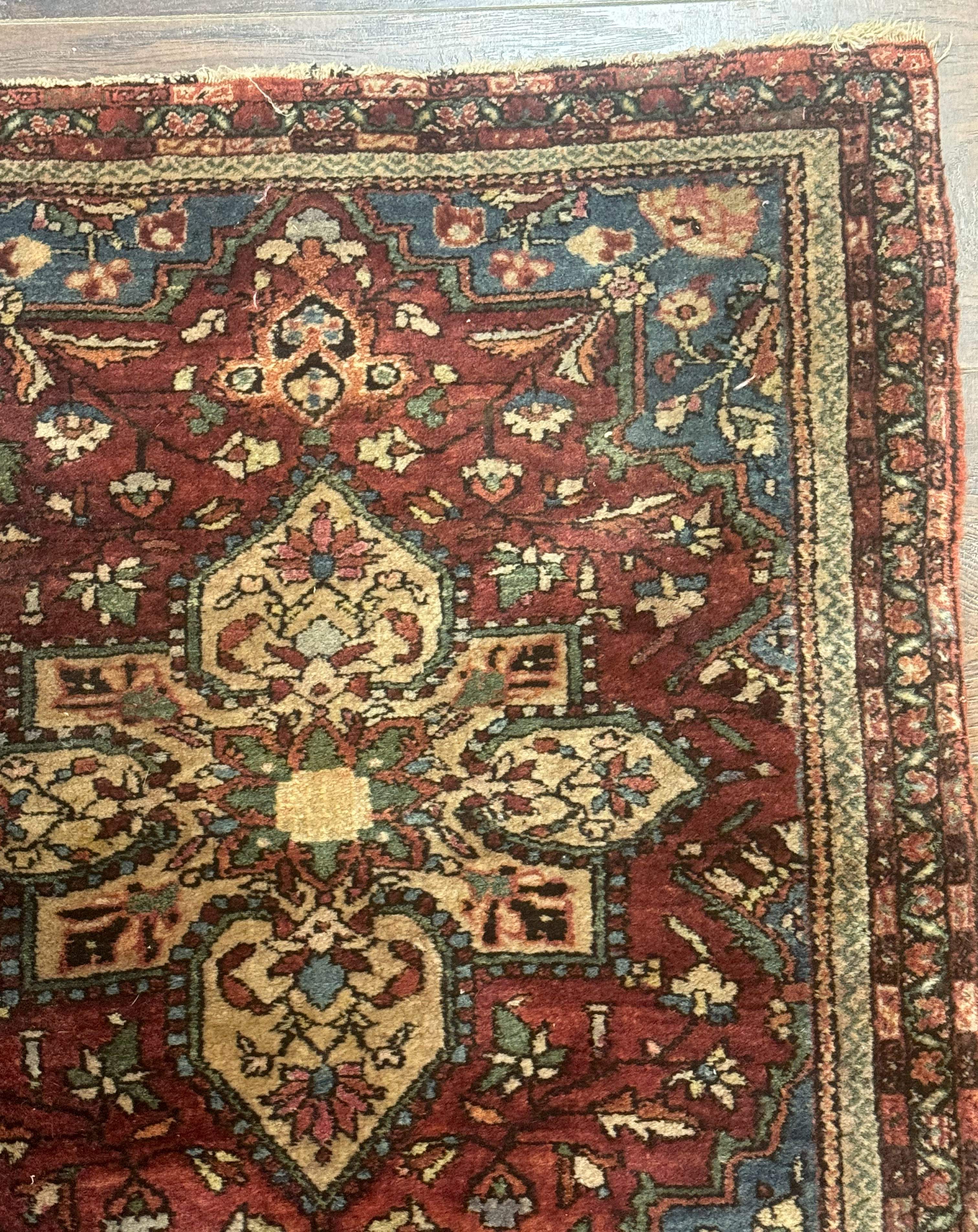 Sarouk Farahan Rug 2x3 - Rust Red and Light Blue, Handmade Wool Persian Small Scatter Rug, Antique, 225 KPSI - Jewel Rugs