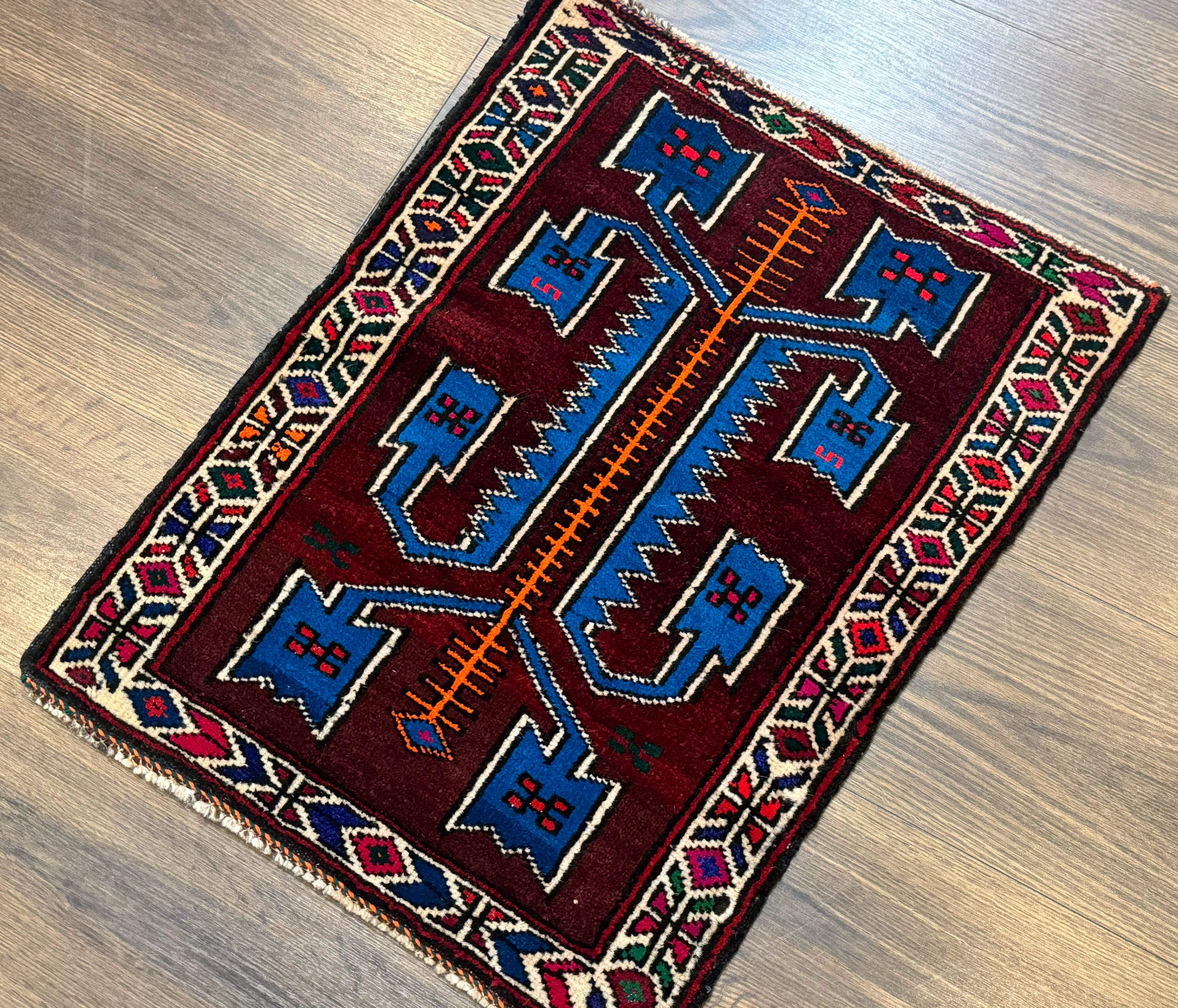 Persian Tribal Rug 1.8 x 2, Small Balouchi Rug, Unique Design, Burgundy and Blue - Jewel Rugs
