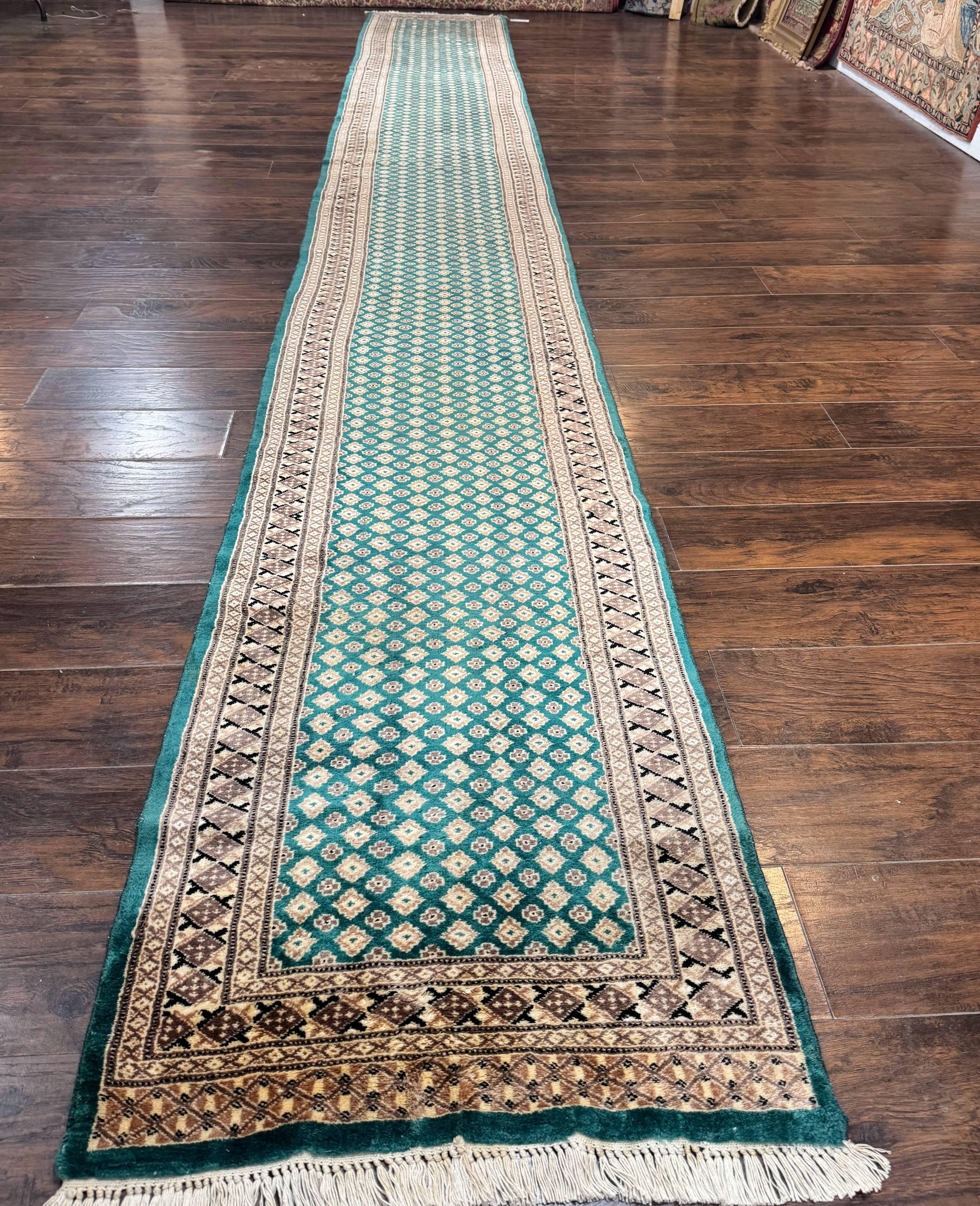 Long Pakistani Runner Rug 2.8 x 20, Hand Knotted Vintage Wool Hallway Rug, Turkoman Rug, Teal and Tan, Handmade Vintage Wool Runner - Jewel Rugs