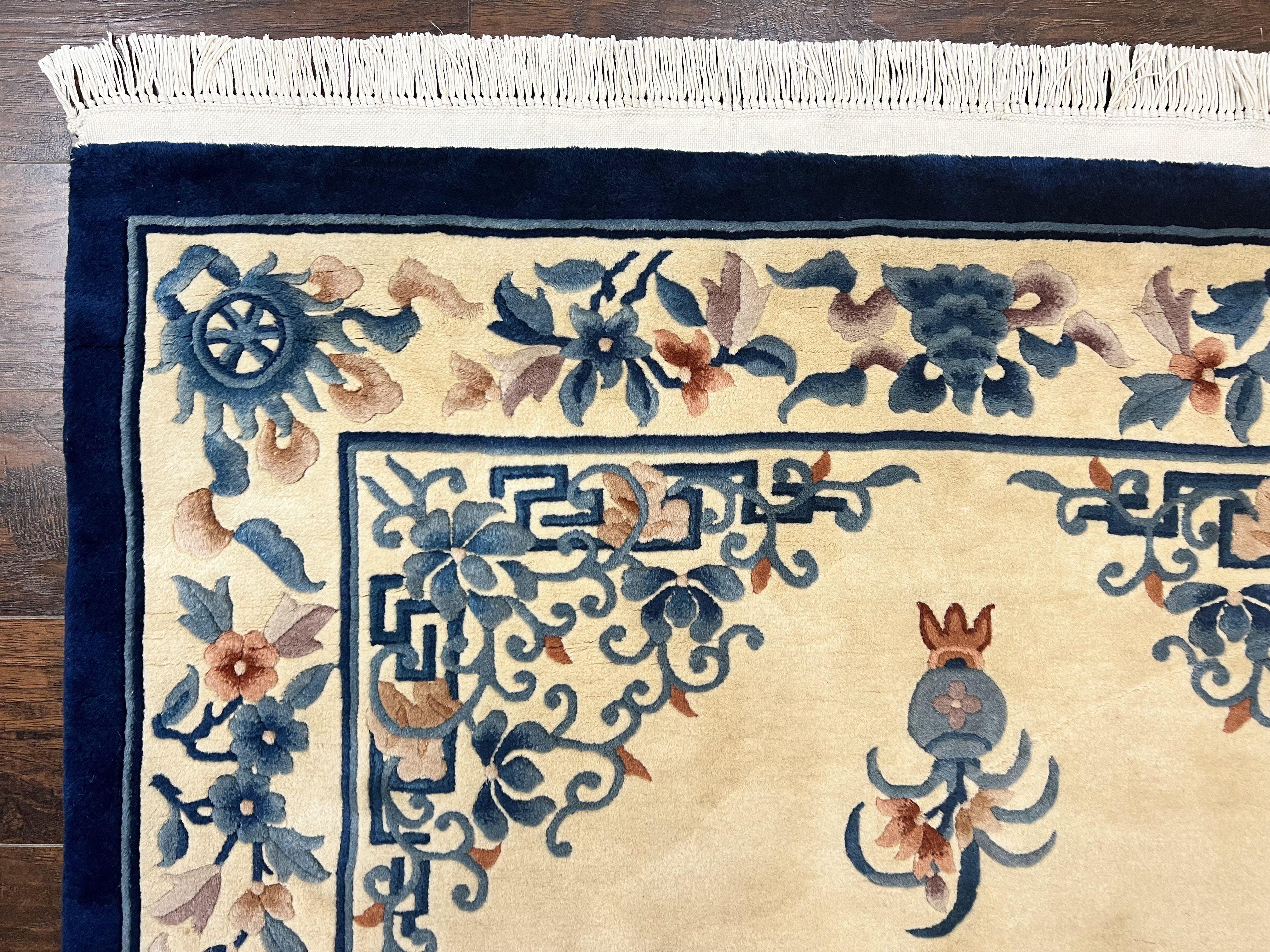 Chinese Wool Rug 5x8, Vintage Art Deco Chinese Carving Sculpture Carpet, Cream and Blue, Handmade Asian Oriental 90 Line Rug - Jewel Rugs