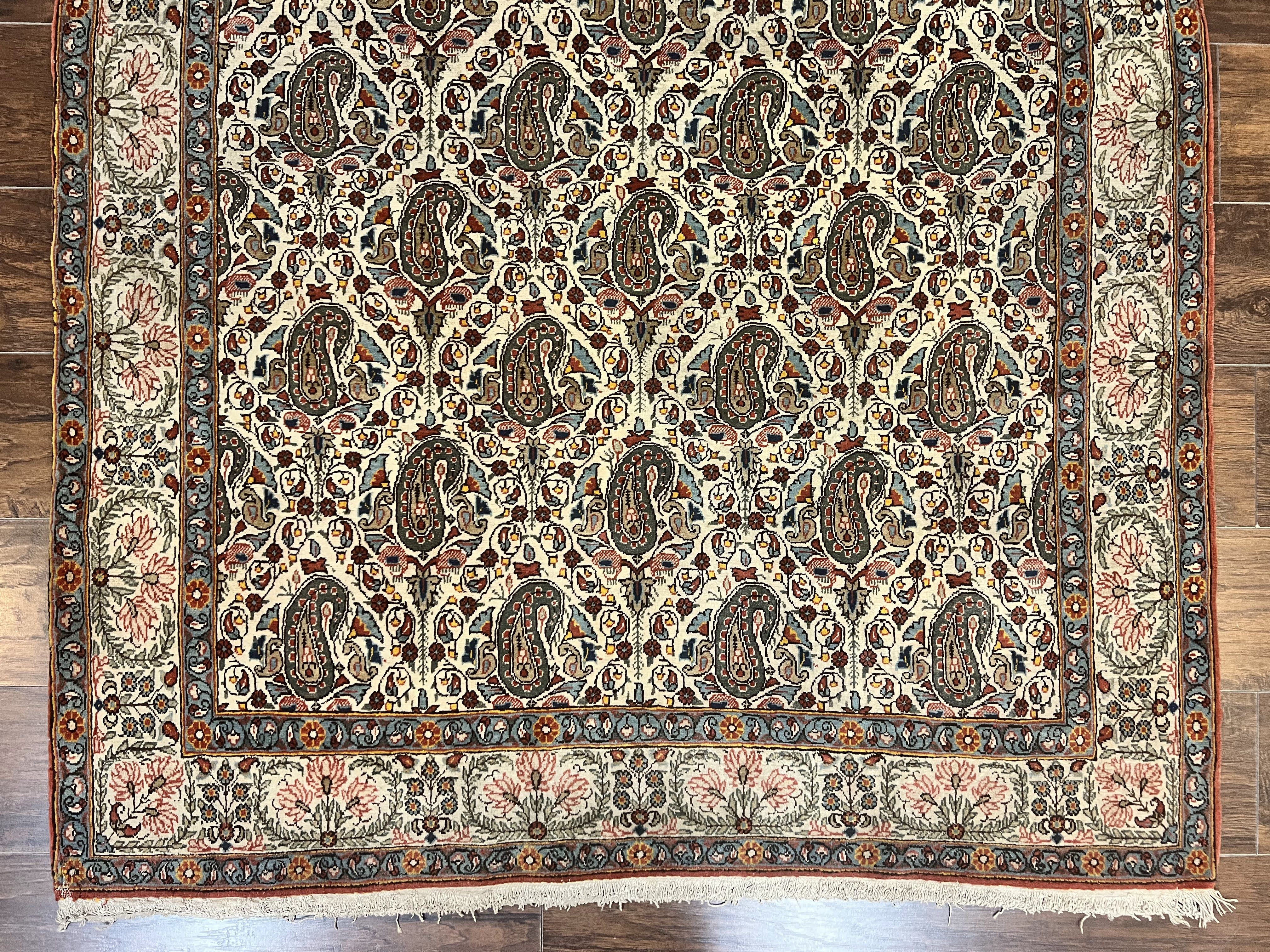 Persian Qum Rug 5x6, Cream Wool Hand Knotted Carpet, Repeated Boteh Paisely Design, Semi Antique Vintage Rug, Very Fine Weave 5 x 6 Rug - Jewel Rugs